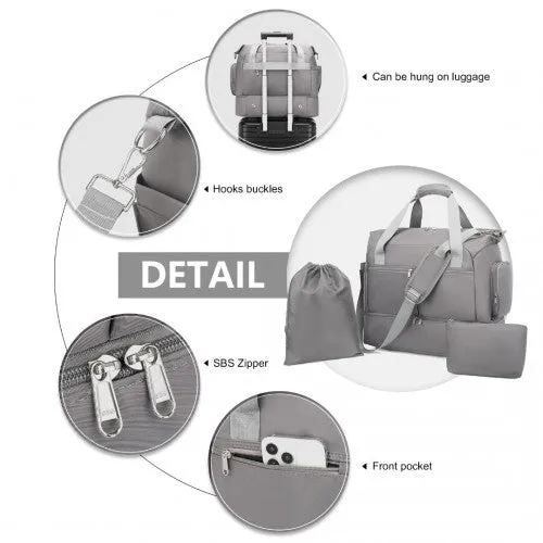 Kono Waterproof Multi-Pocket Travel Duffel Bag Set With Dedicated Shoe Compartment - Grey