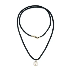 Kumihimo Braided Black Silk Vintage Akoya Saltwater Cultured Pearl Necklace-14K Yellow Gold