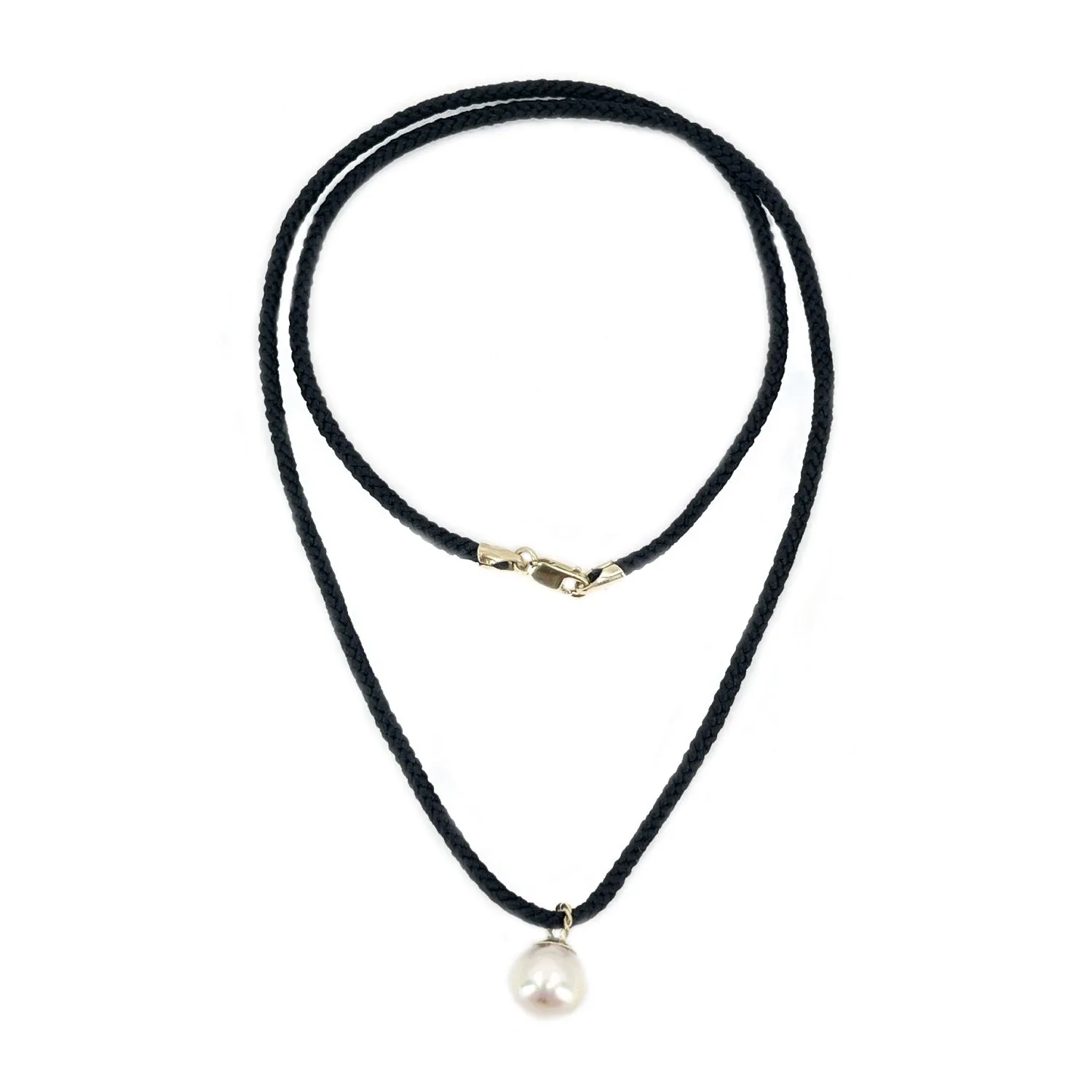 Kumihimo Braided Black Silk Vintage Akoya Saltwater Cultured Pearl Necklace-14K Yellow Gold