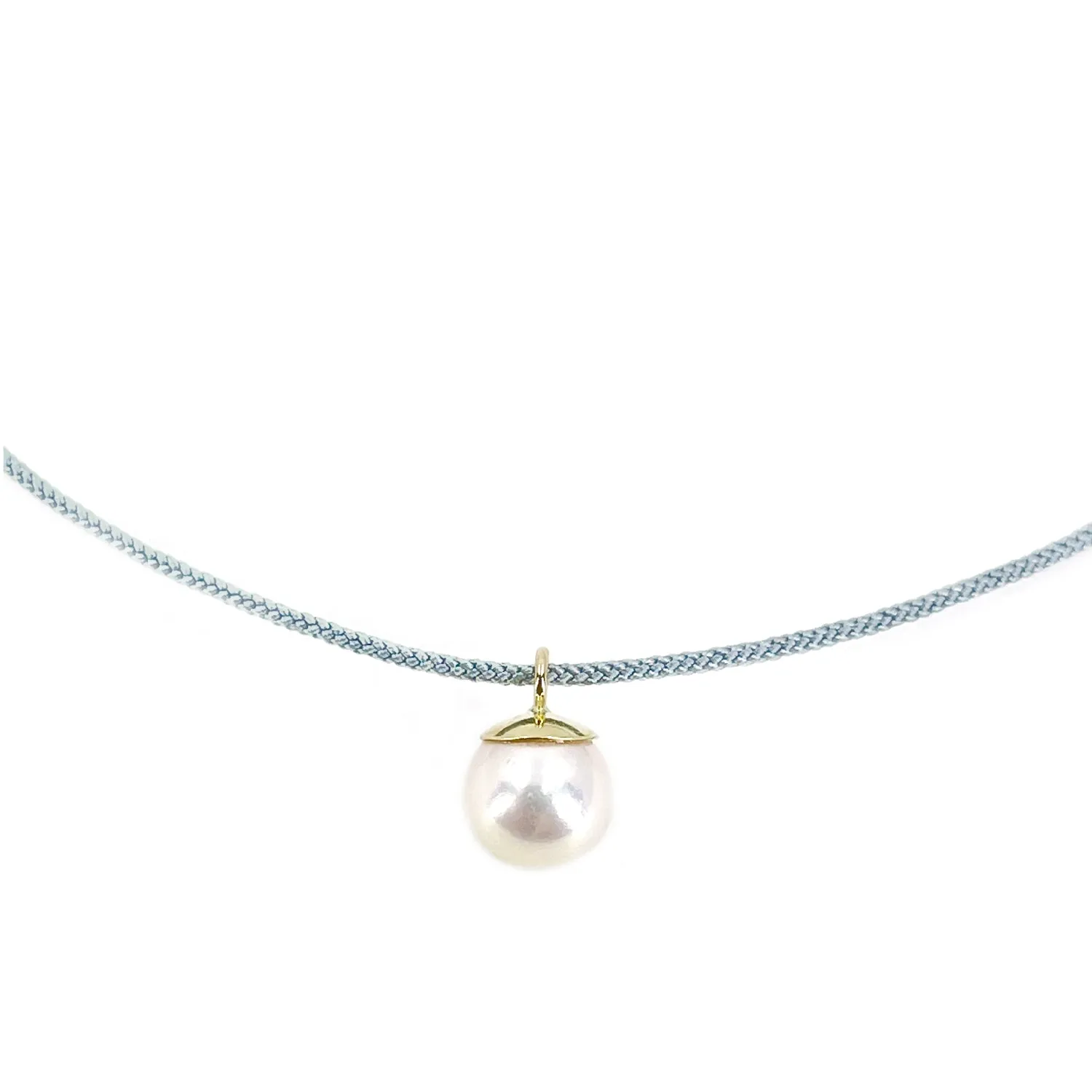 Kumihimo Braided Light Blue Silk Vintage Akoya Saltwater Cultured Pearl Adjustable Necklace-14K Yellow Gold