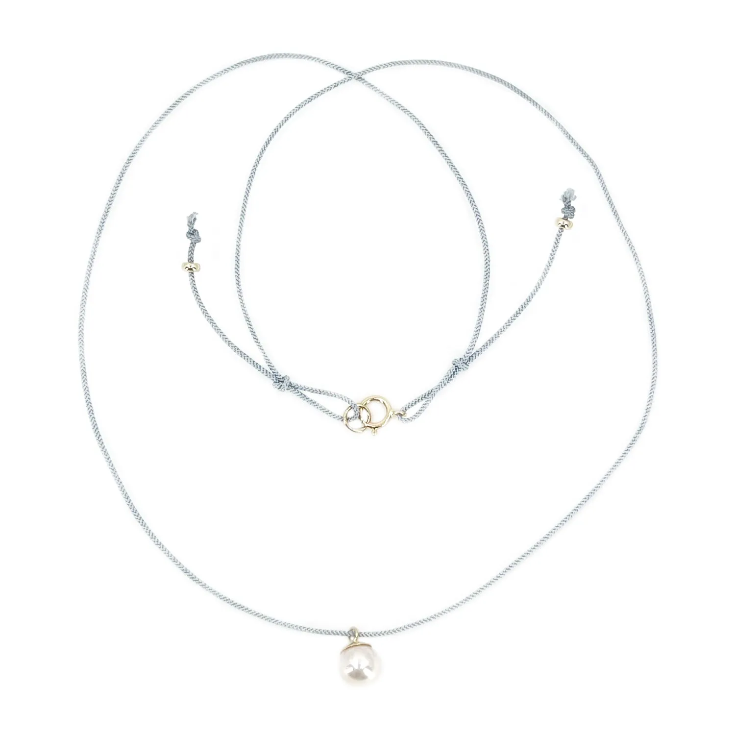 Kumihimo Braided Light Blue Silk Vintage Akoya Saltwater Cultured Pearl Adjustable Necklace-14K Yellow Gold
