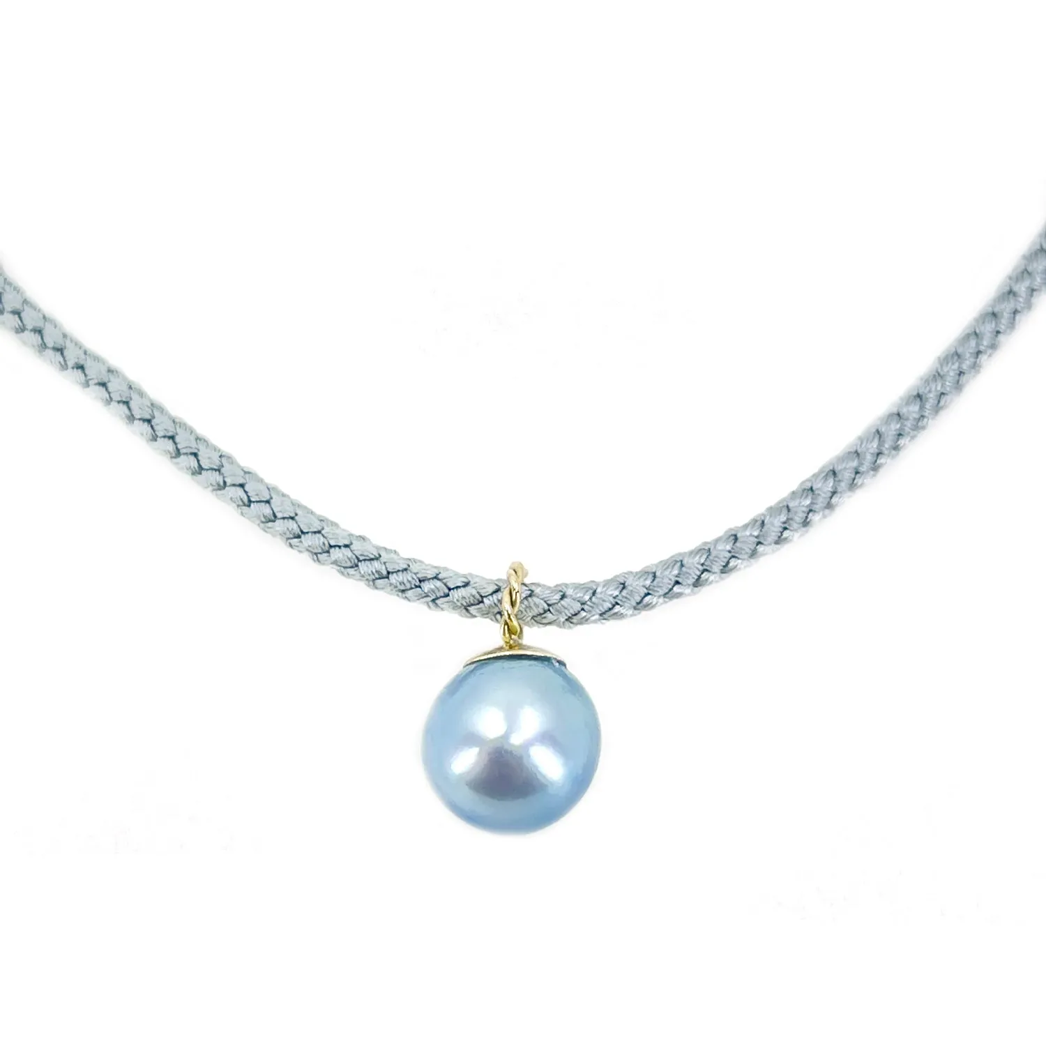 Kumihimo Braided Light Blue Silk Vintage Akoya Saltwater Cultured Pearl Necklace-14K Yellow Gold