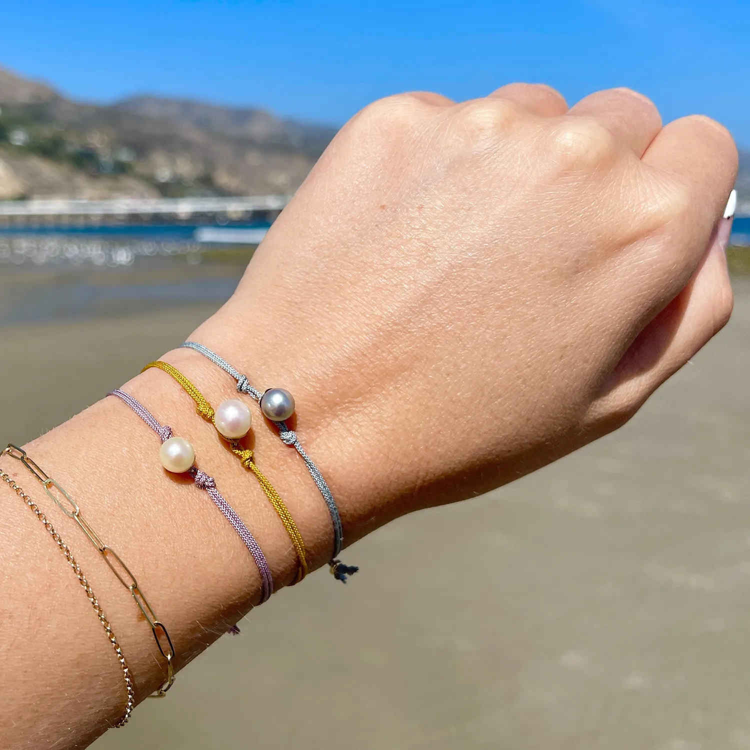 Kumihimo Braided Light Purple Silk Vintage Akoya Saltwater Cultured Pearl Adjustable Bracelet-14K Yellow Gold