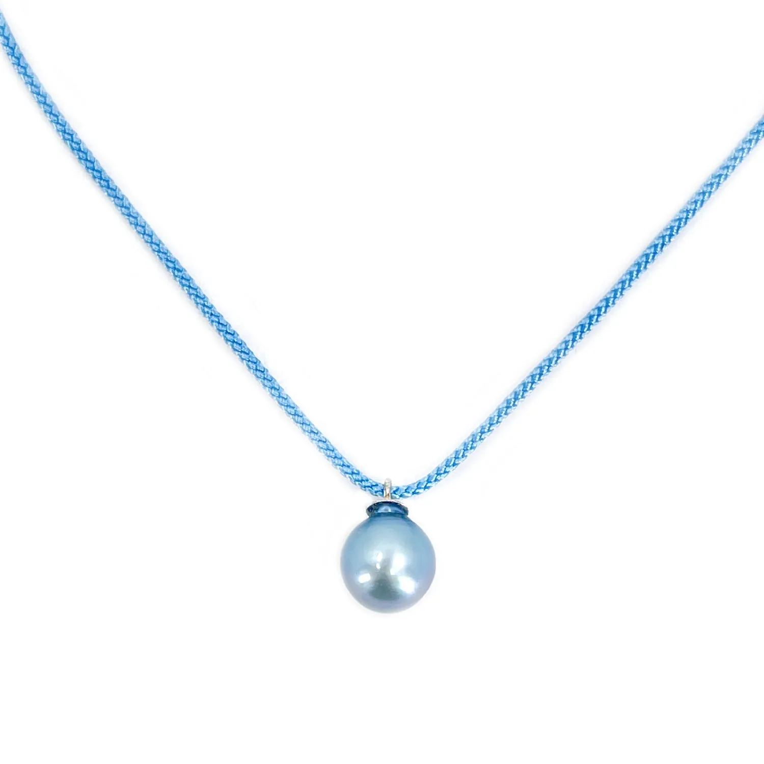 Kumihimo Braided Sea Blue Silk Blue Akoya Saltwater Cultured Pearl Adjustable Necklace-Sterling Silver