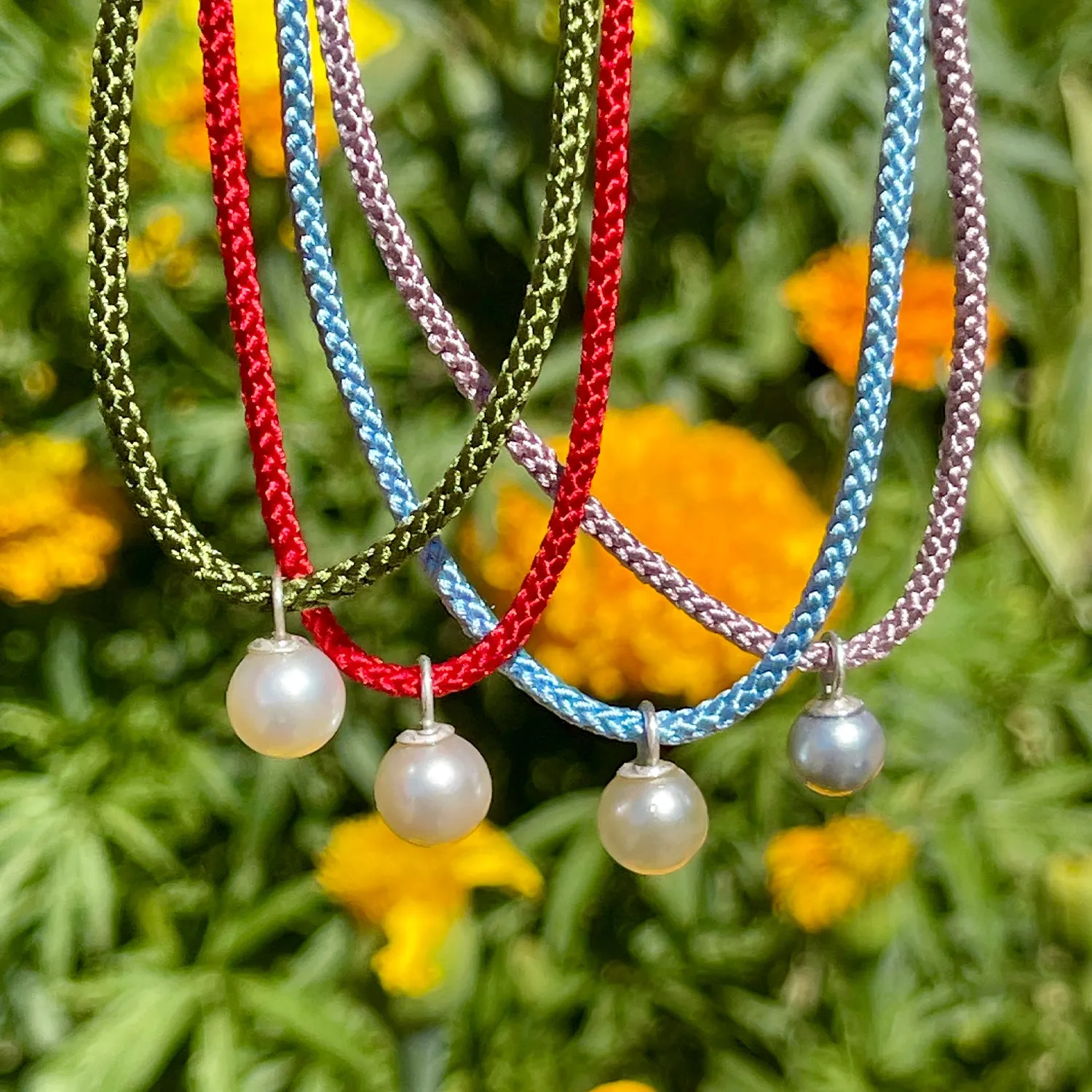 Kumihimo Braided Sea Blue Silk Vintage Akoya Saltwater Cultured Pearl Necklace-Sterling Silver 18 Inch