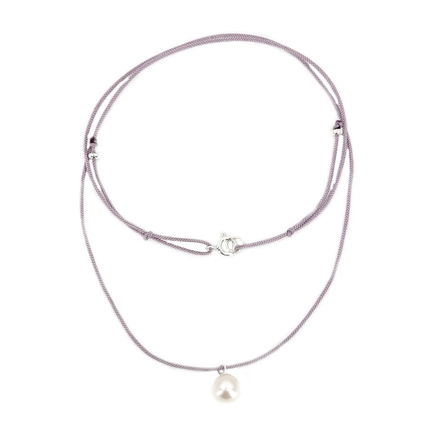 Kumihimo Braided Silk Light Purple Akoya Saltwater Cultured Pearl Adjustable Necklace-Sterling Silver