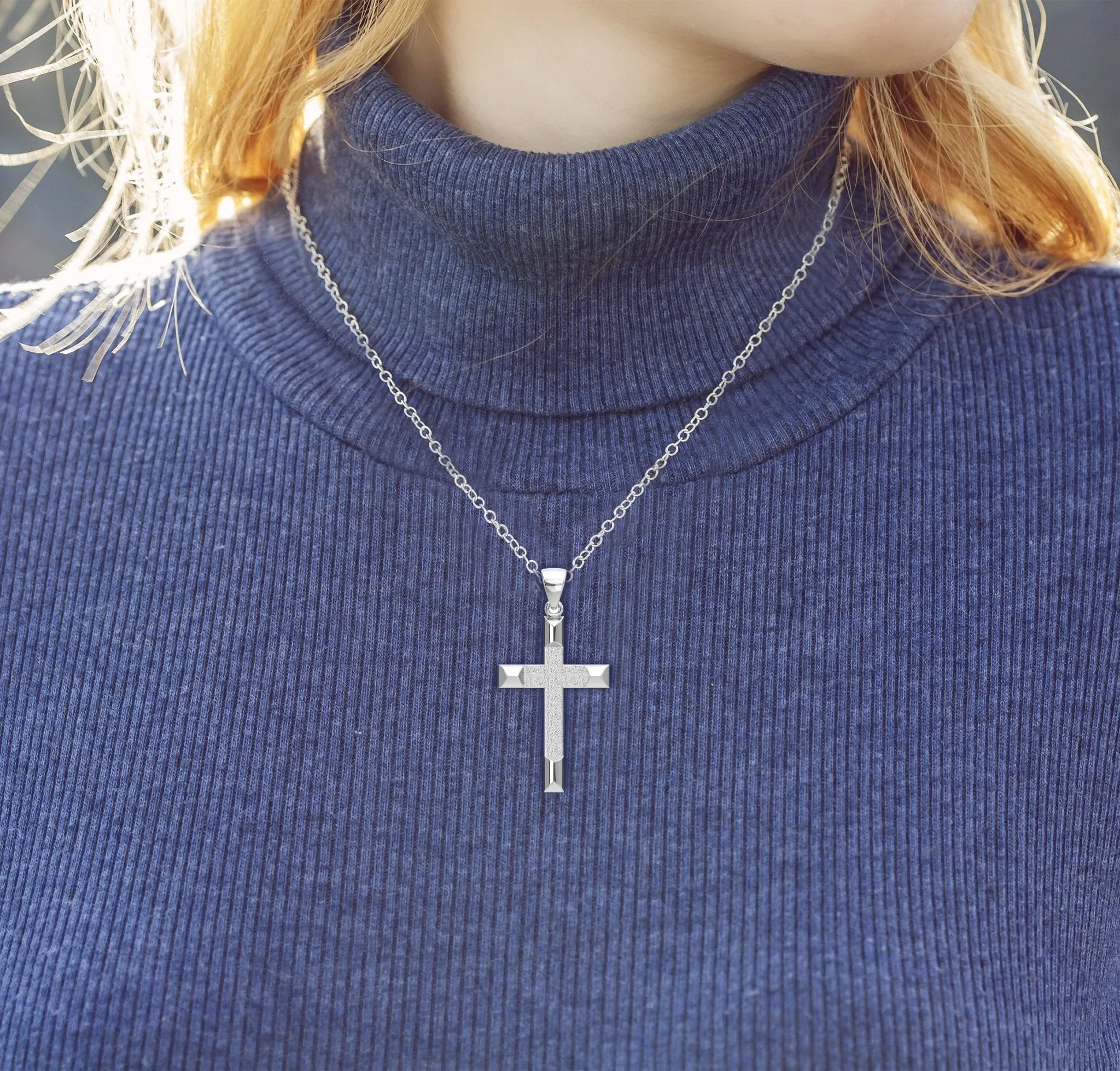 Ladies 925 Sterling Silver High Polished Cross Pendant Necklace, 32mm