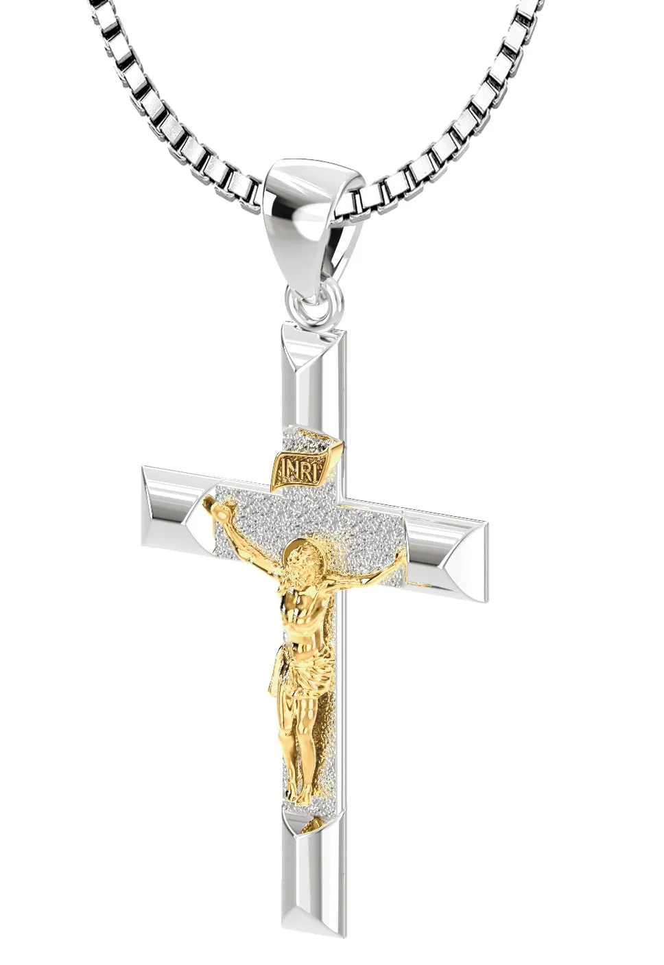 Ladies 925 Sterling Silver High Polished Crucifix Cross Pendant Necklace, 32mm