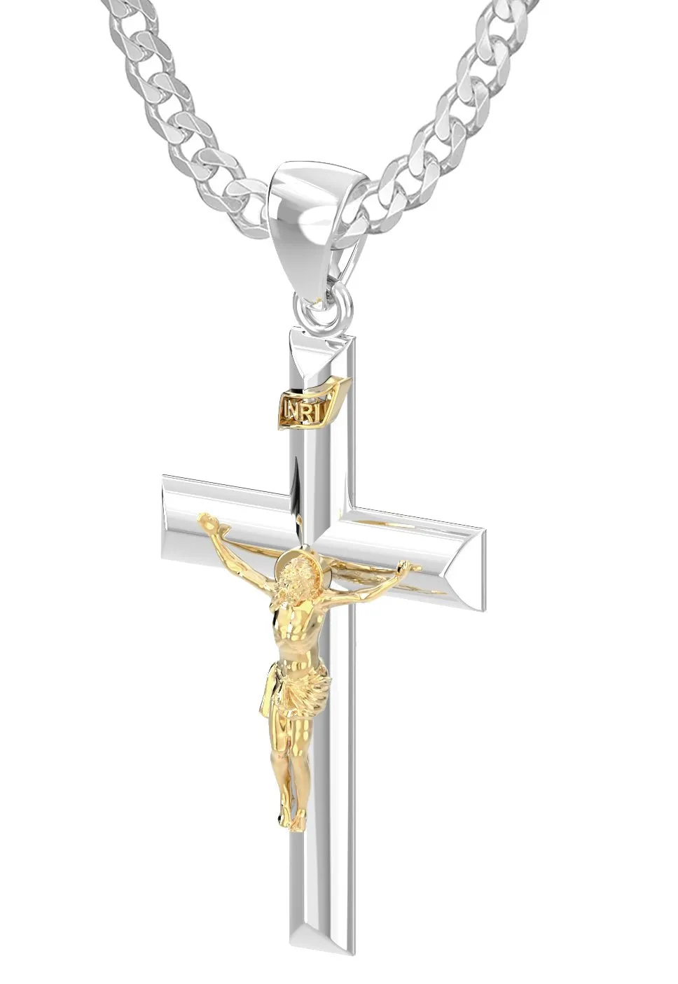 Ladies 925 Sterling Silver High Polished Crucifix Cross Pendant Necklace, 32mm