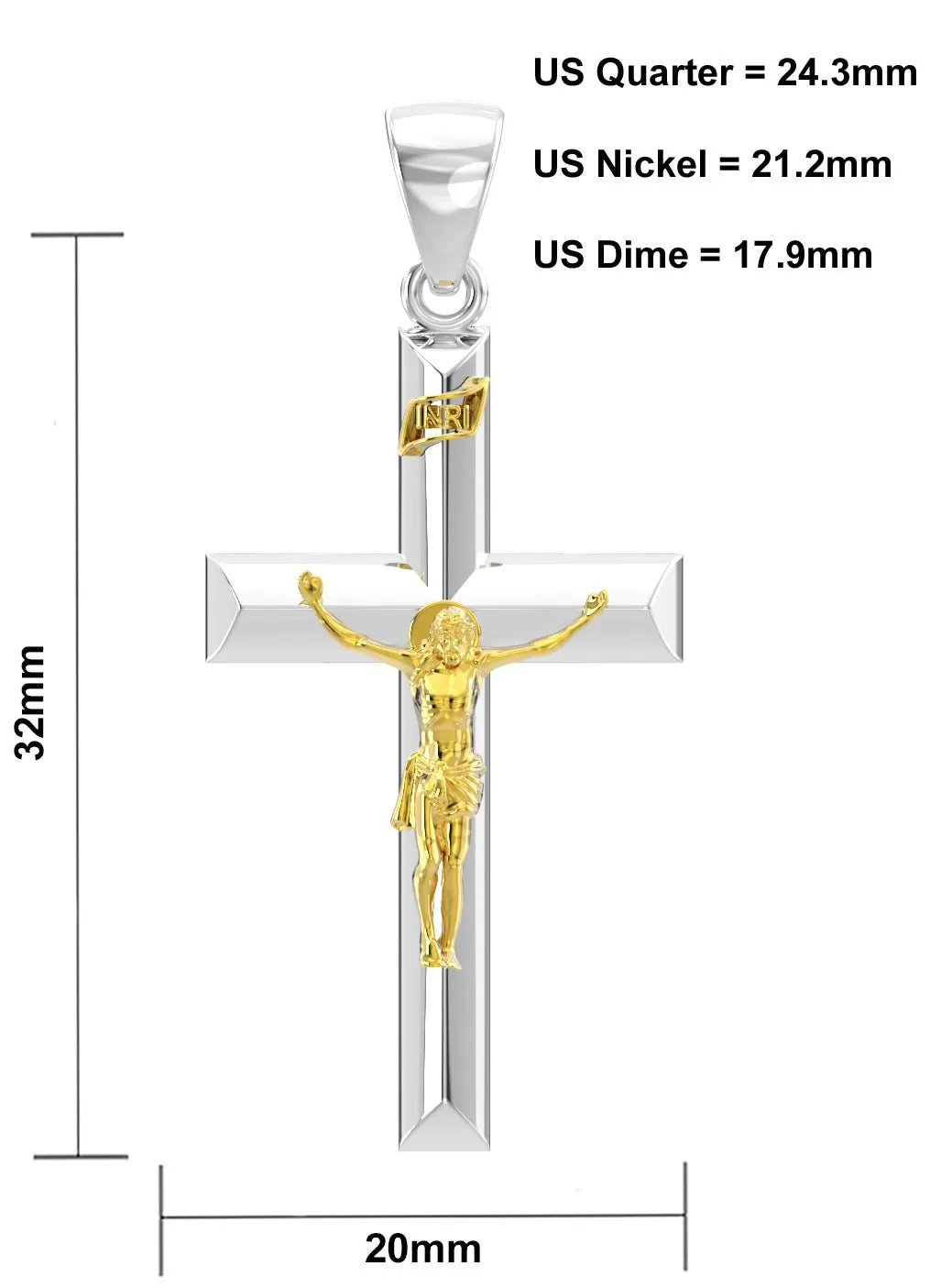 Ladies 925 Sterling Silver High Polished Crucifix Cross Pendant Necklace, 32mm