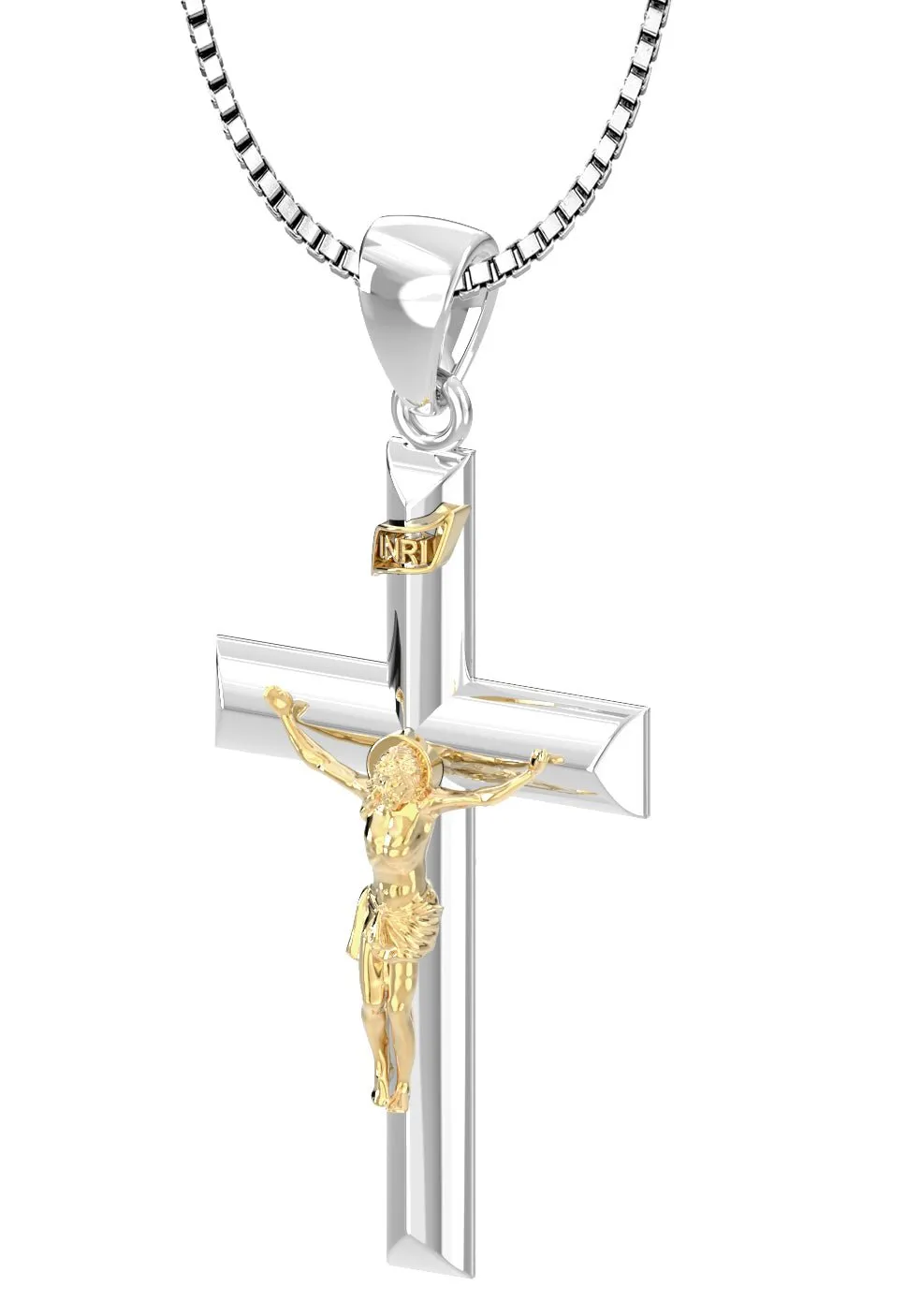 Ladies 925 Sterling Silver High Polished Crucifix Cross Pendant Necklace, 32mm