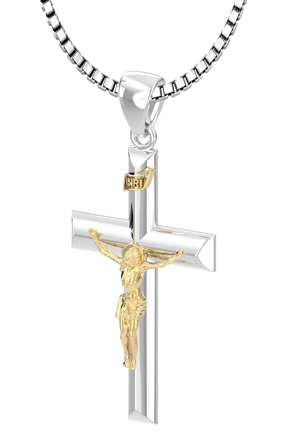 Ladies 925 Sterling Silver High Polished Crucifix Cross Pendant Necklace, 32mm