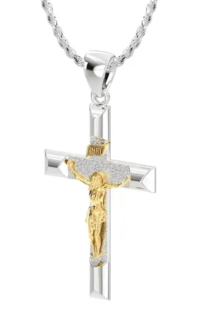 Ladies 925 Sterling Silver High Polished Crucifix Cross Pendant Necklace, 32mm