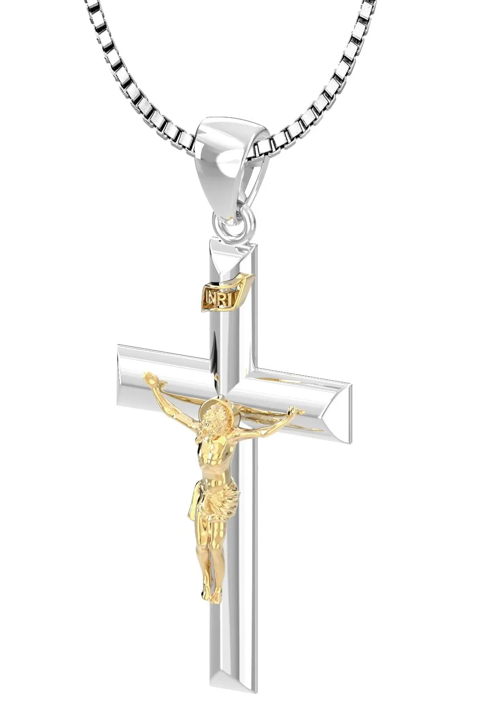 Ladies 925 Sterling Silver High Polished Crucifix Cross Pendant Necklace, 32mm