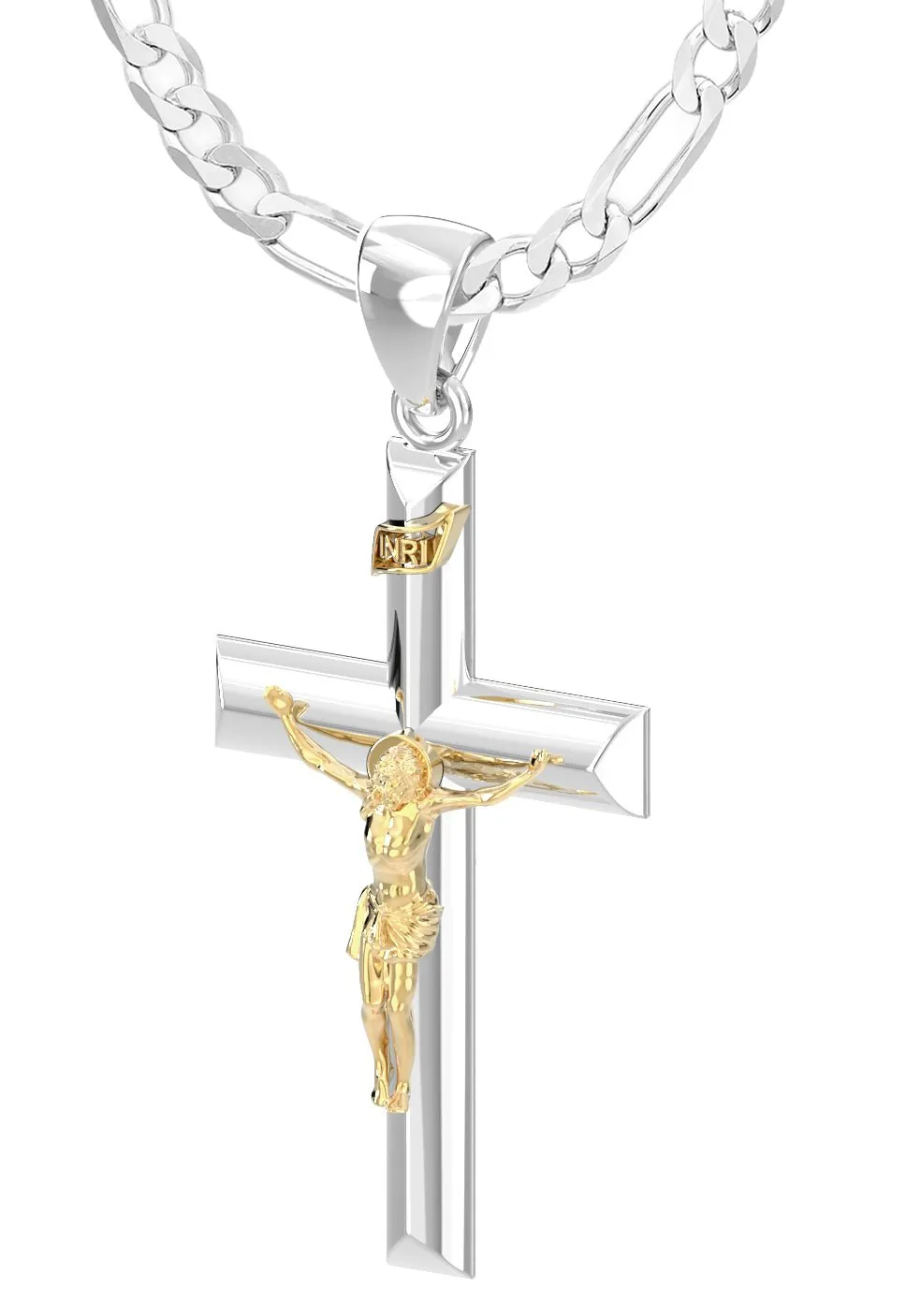 Ladies 925 Sterling Silver High Polished Crucifix Cross Pendant Necklace, 32mm