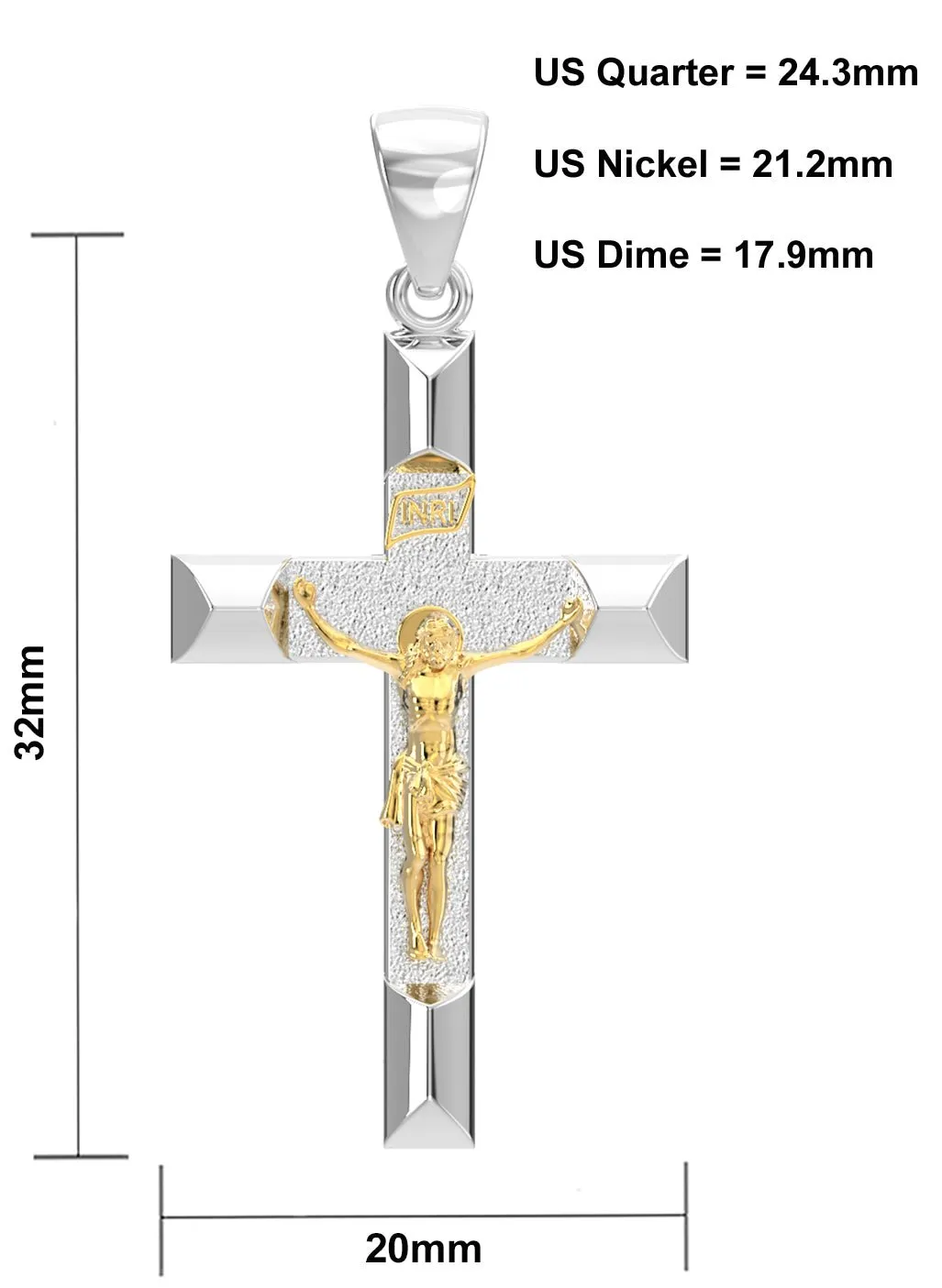 Ladies 925 Sterling Silver High Polished Crucifix Cross Pendant Necklace, 32mm
