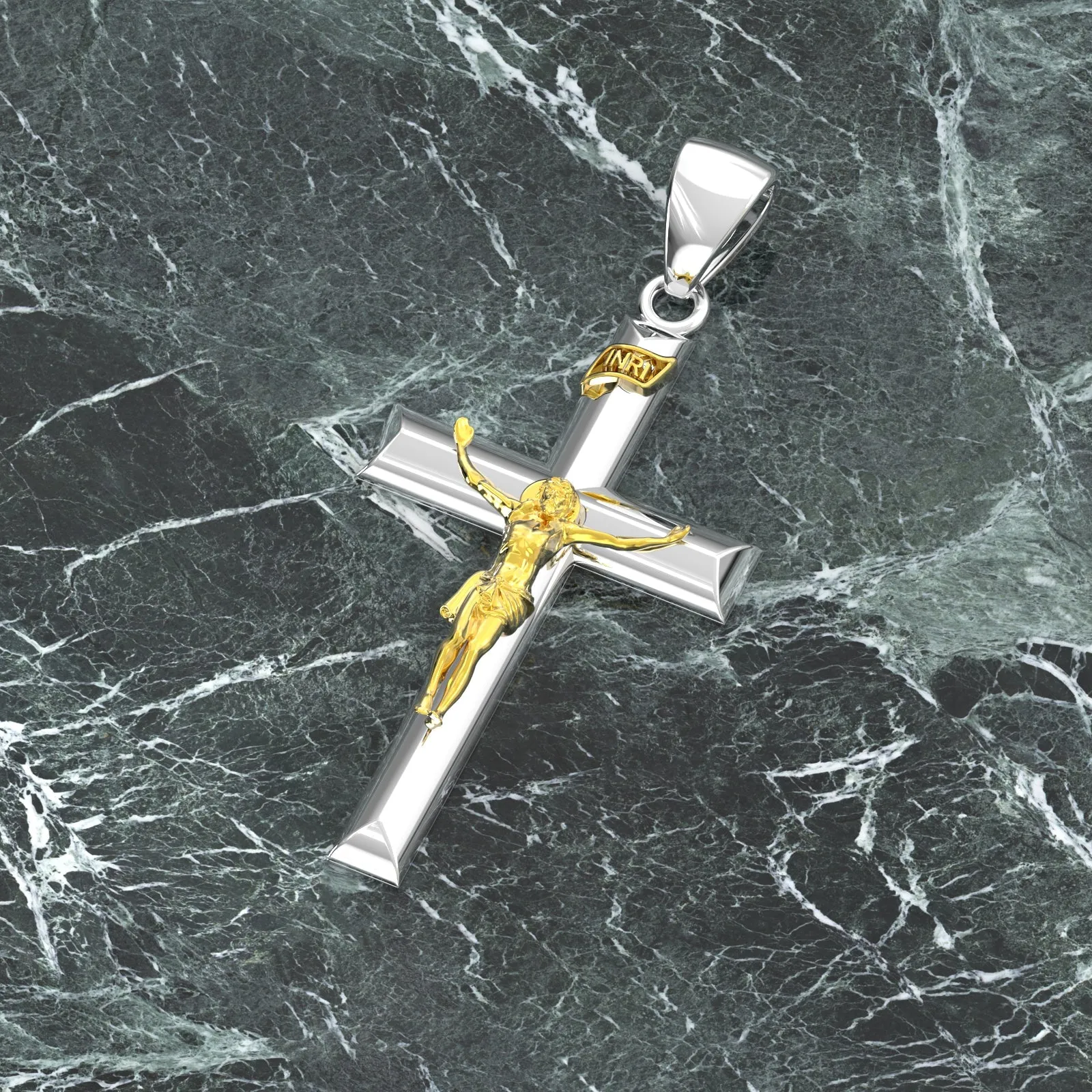 Ladies 925 Sterling Silver High Polished Crucifix Cross Pendant Necklace, 32mm