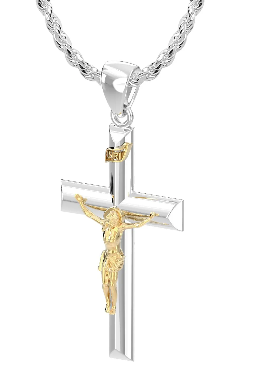 Ladies 925 Sterling Silver High Polished Crucifix Cross Pendant Necklace, 32mm
