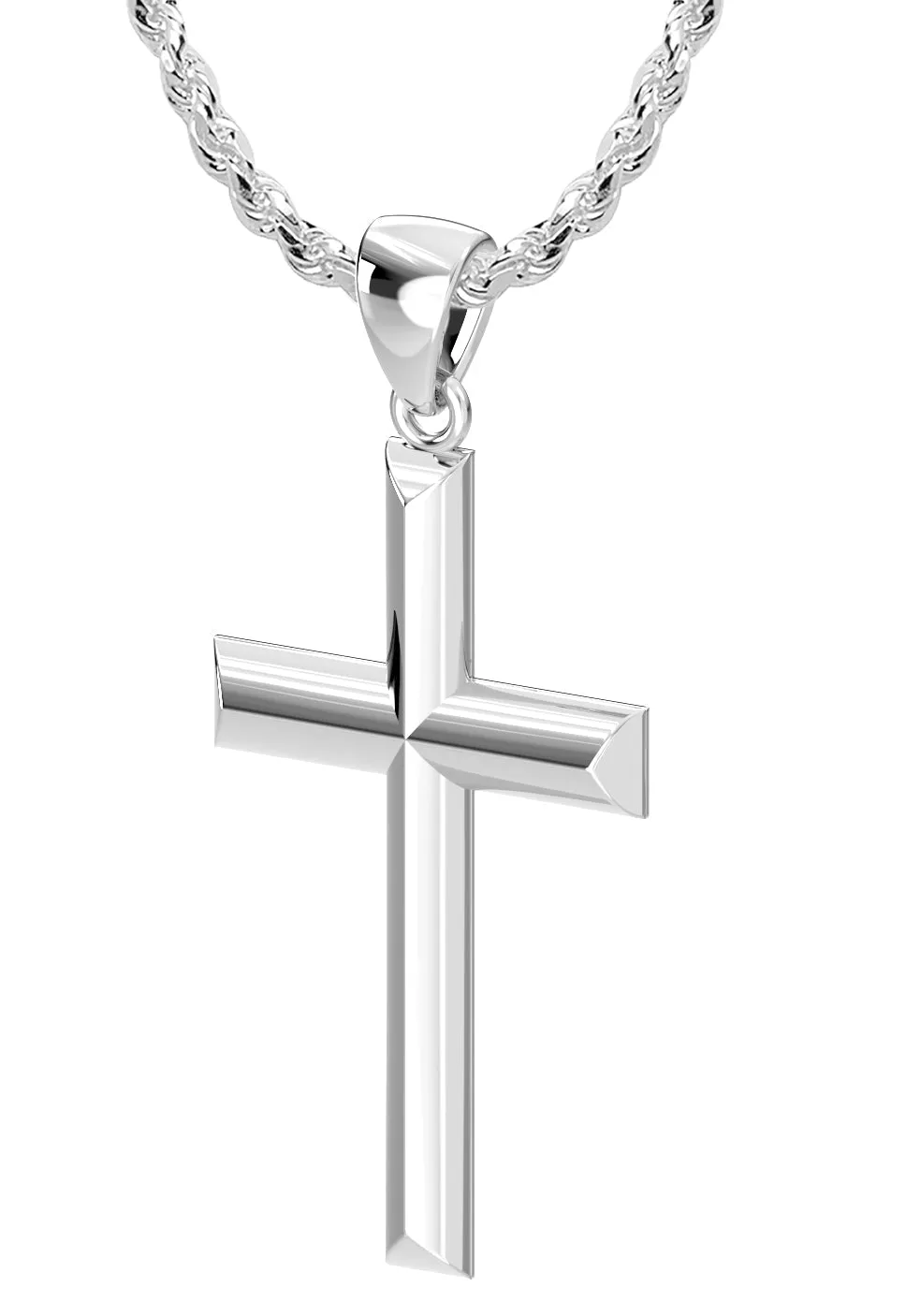 Ladies Solid 925 Sterling Silver High Polished Cross Pendant Necklace, 32mm