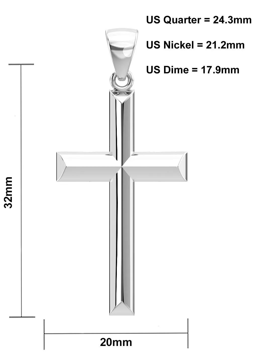 Ladies Solid 925 Sterling Silver High Polished Cross Pendant Necklace, 32mm