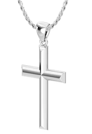 Ladies Solid 925 Sterling Silver High Polished Cross Pendant Necklace, 32mm