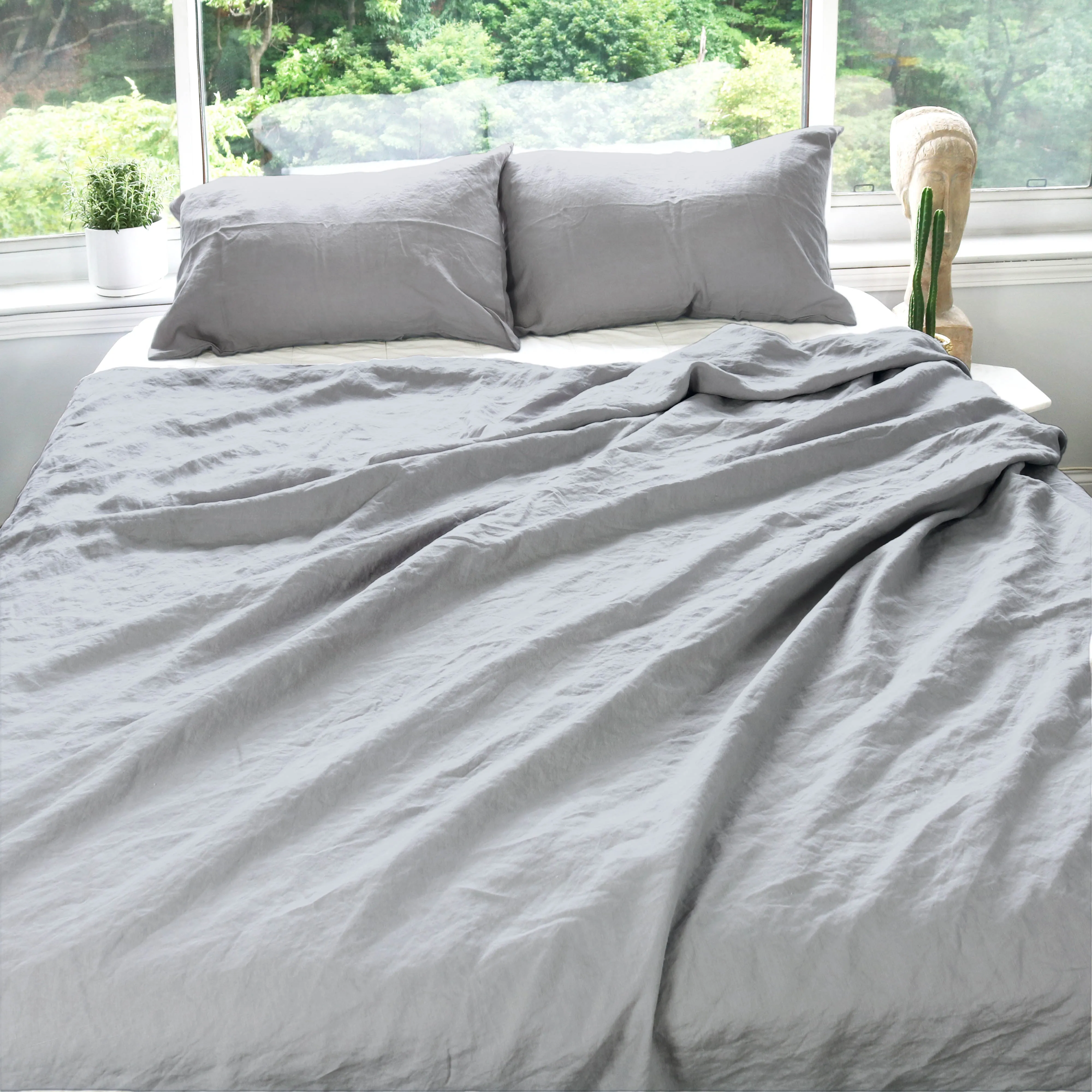 Light Gray Stonewashed Duvet Cover Set Organic 100% French Linen