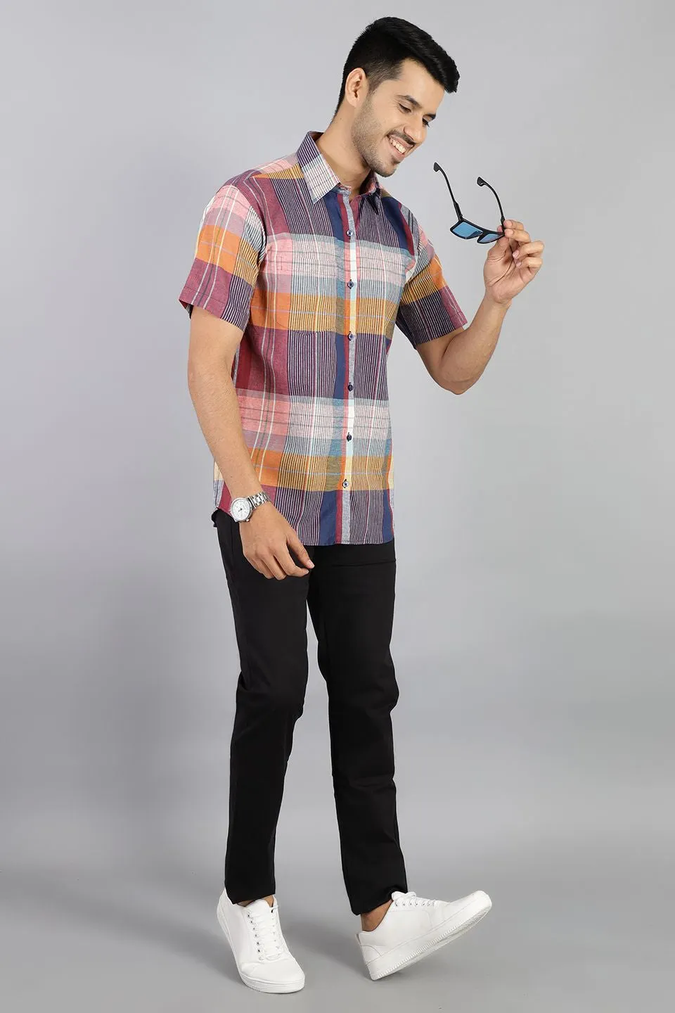 Linen Cotton Multicolored Checkered Shirt