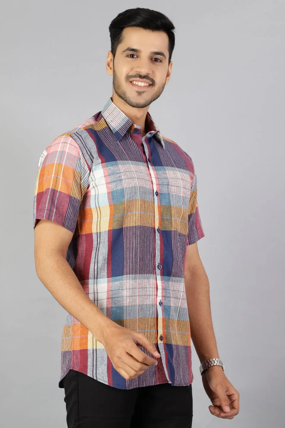 Linen Cotton Multicolored Checkered Shirt