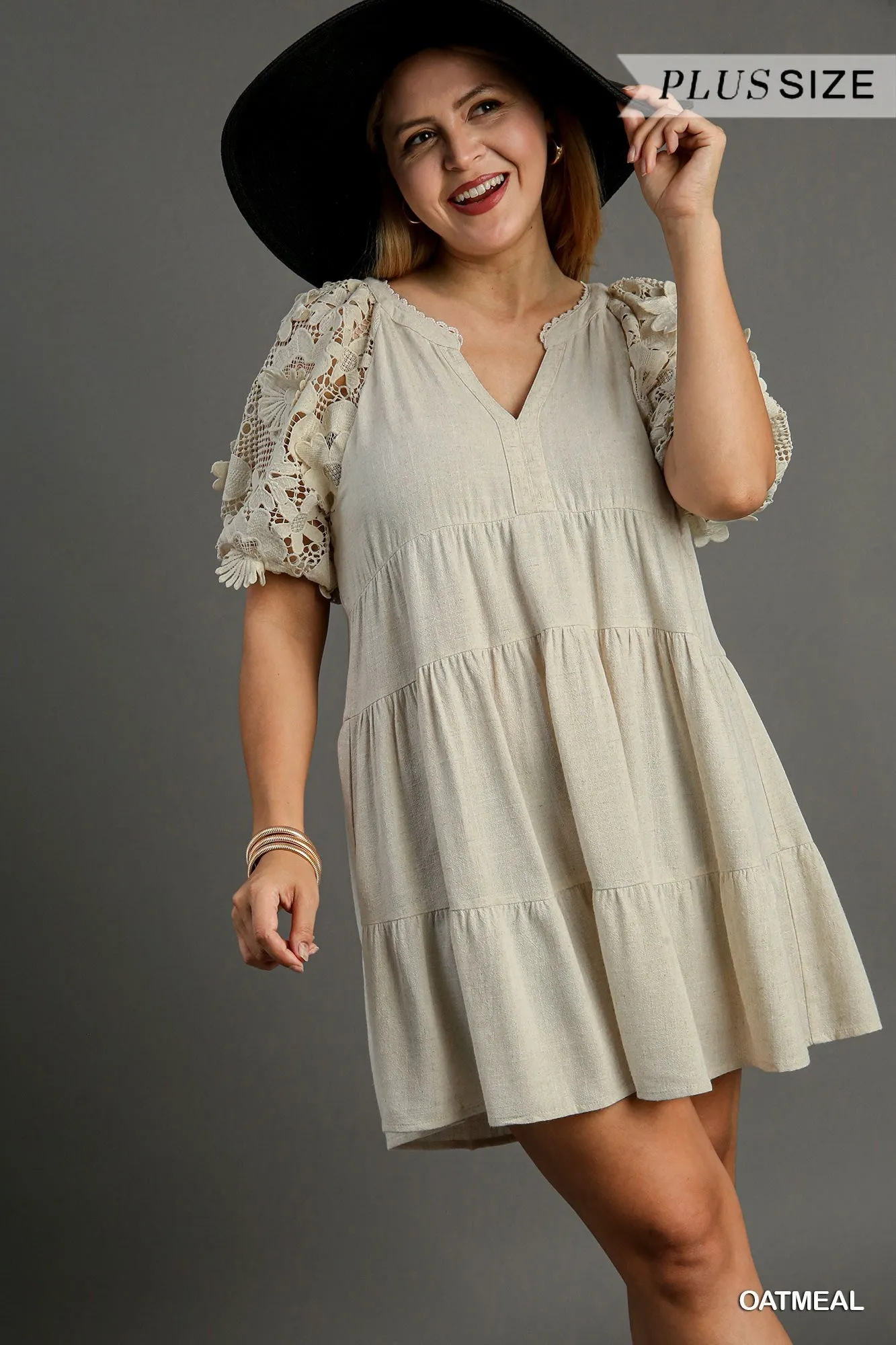 Linen Tiered Split Neck Dress