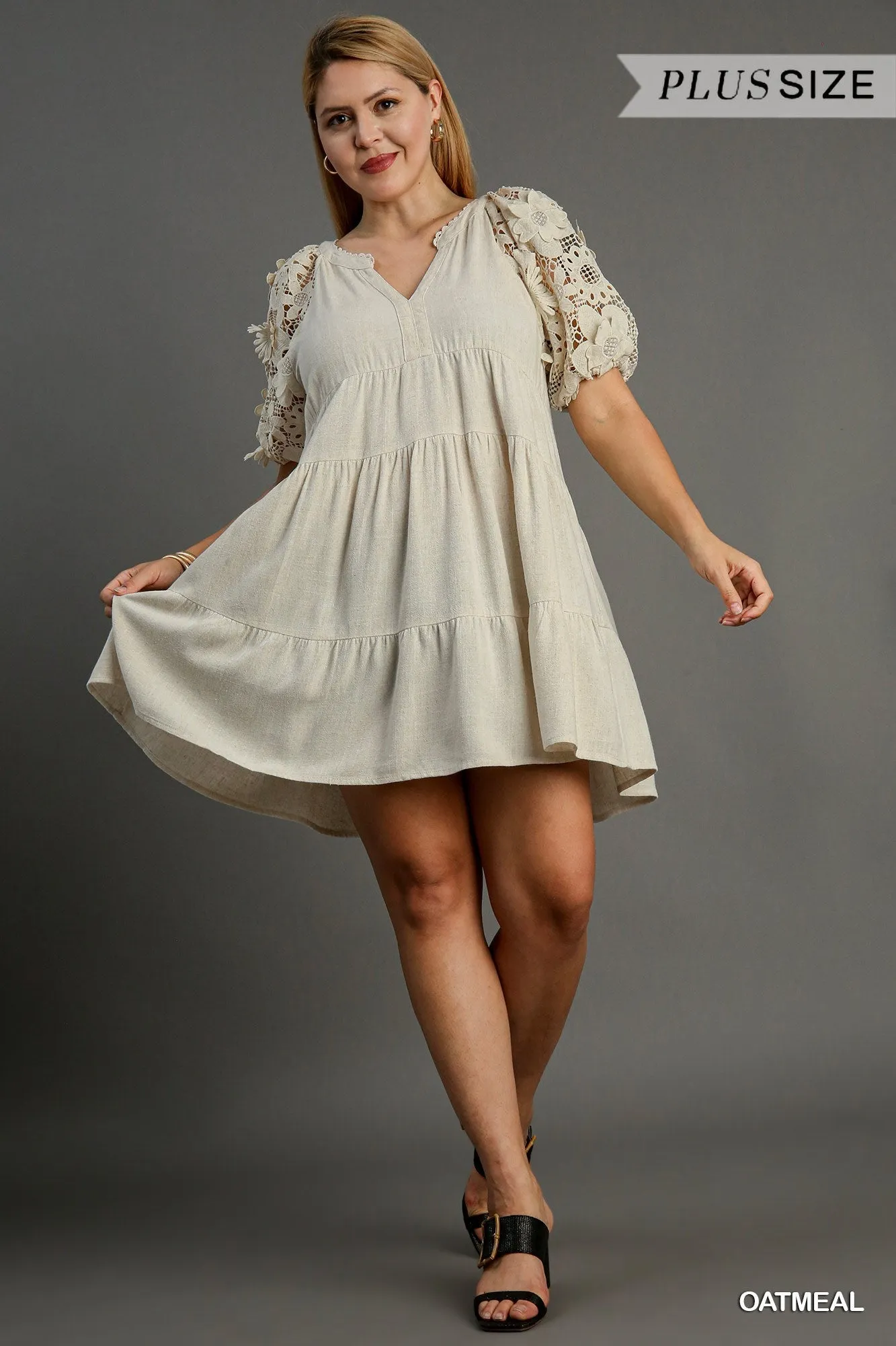 Linen Tiered Split Neck Dress