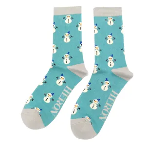 Little Snowmen Bamboo Socks in Teal by Mr Heron, Size UK 7-11