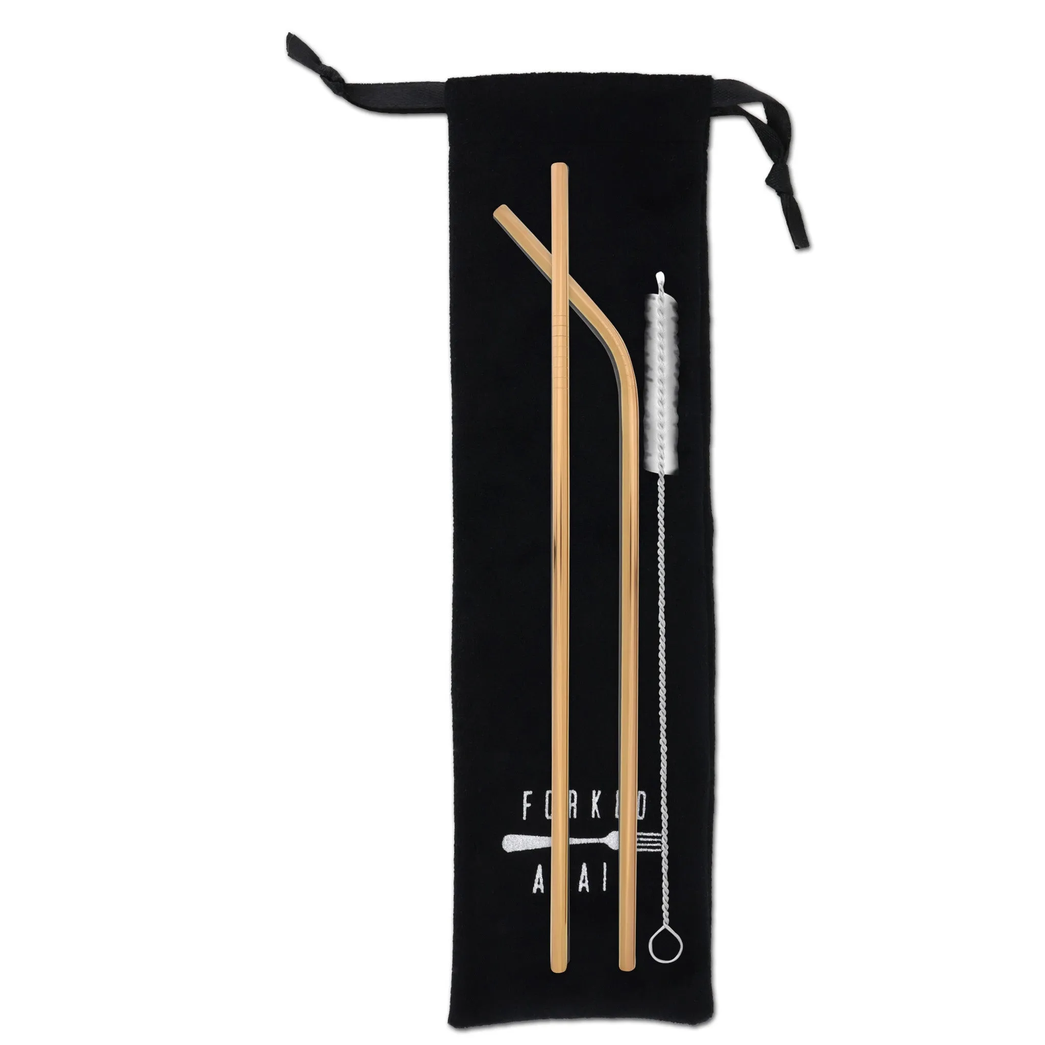 Long Double Trouble Stainless Steel Straw Set with Travel Pouch (Rose Gold)