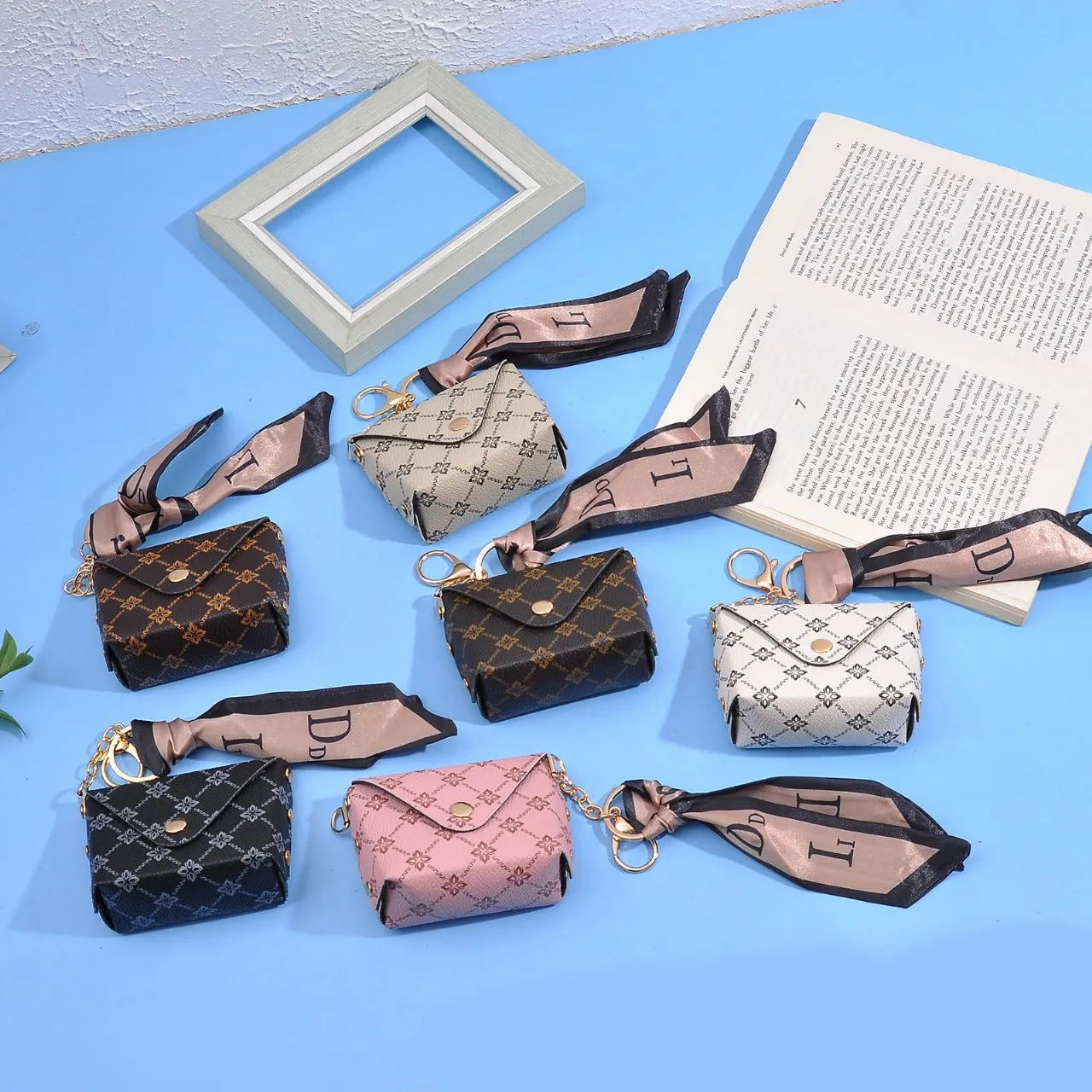 Luxury-Inspired Mini Wallet Keychain – Printed Faux Leather with Scarf Accent
