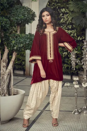 Mahroon Velvet Kurta With Chanderi Dhoti Salwar