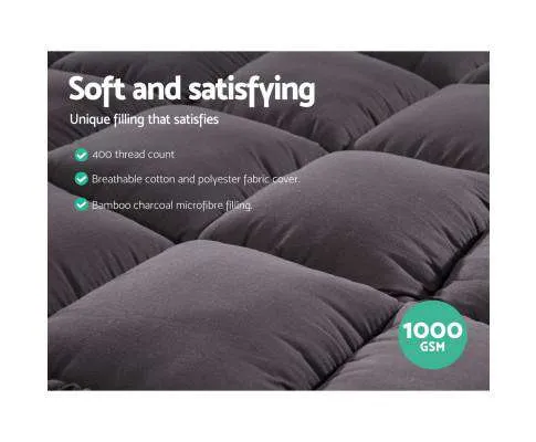 Mattress Topper Pillowtop 1000GSM Charcoal Microfibre Bamboo Fibre Filling Protector