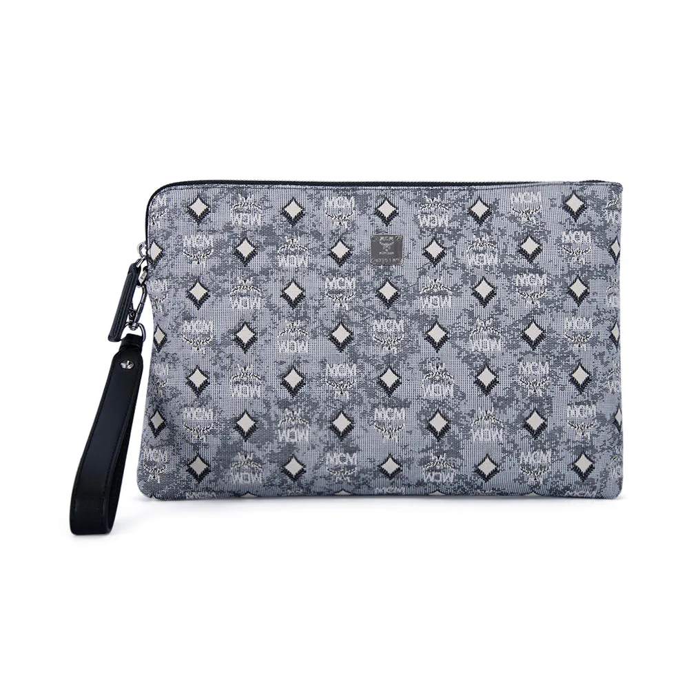 MCM Vintage Monogram Jacquard Wrist Zip Pouch Grey  Medium