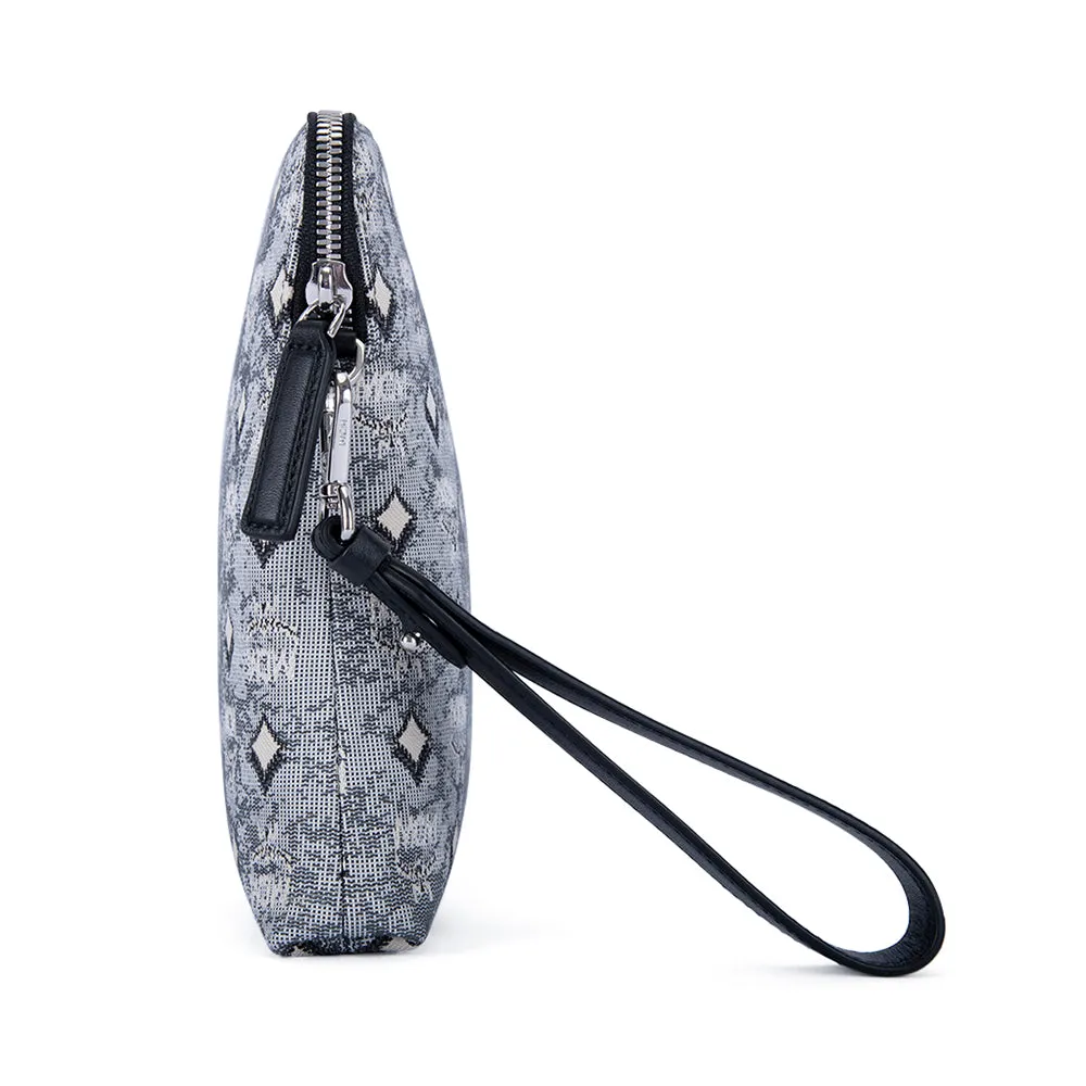 MCM Vintage Monogram Jacquard Wrist Zip Pouch Grey  Medium