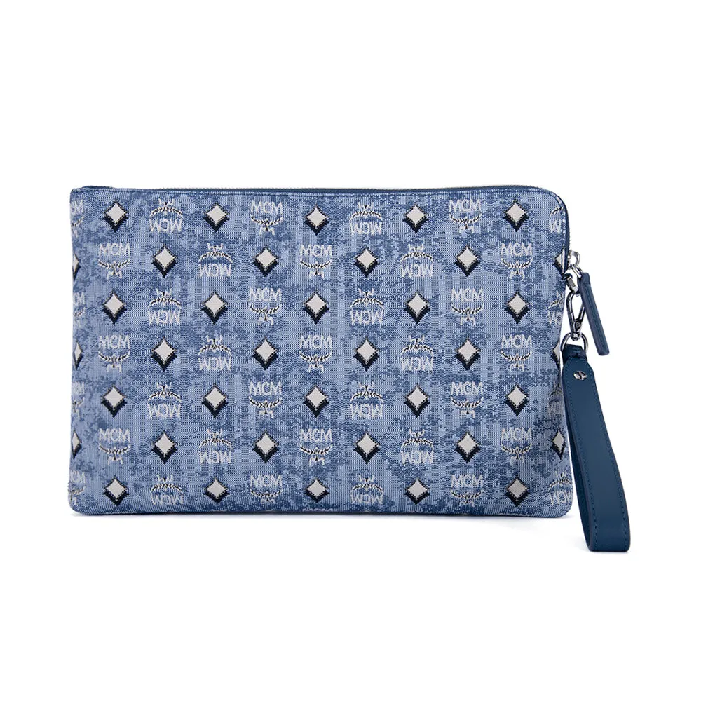 MCM Vintage Monogram Jacquard Wrist Zip Pouch in Blue Medium
