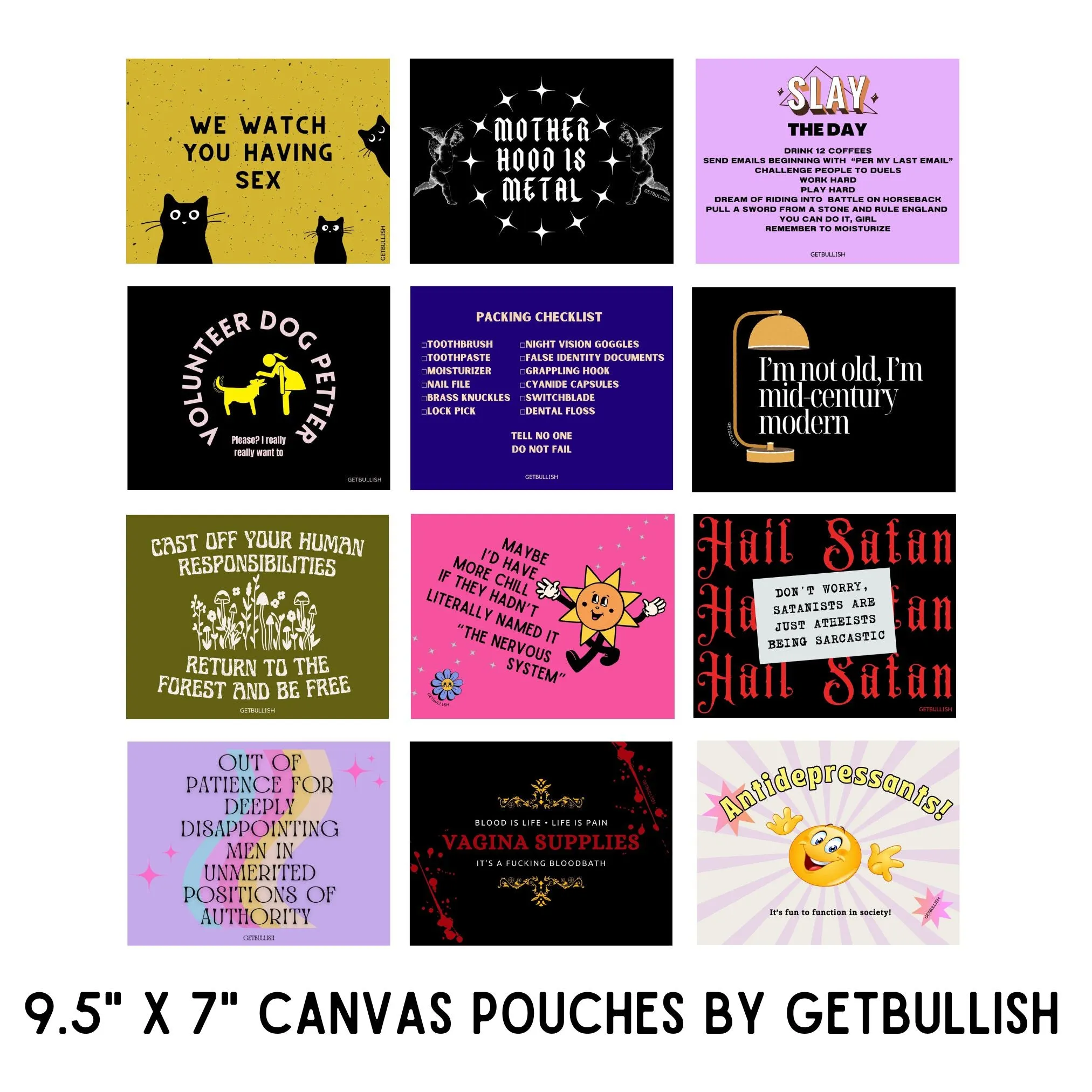 Mega Pack of 12 Canvas Zipper Pouches Feminist   Funny