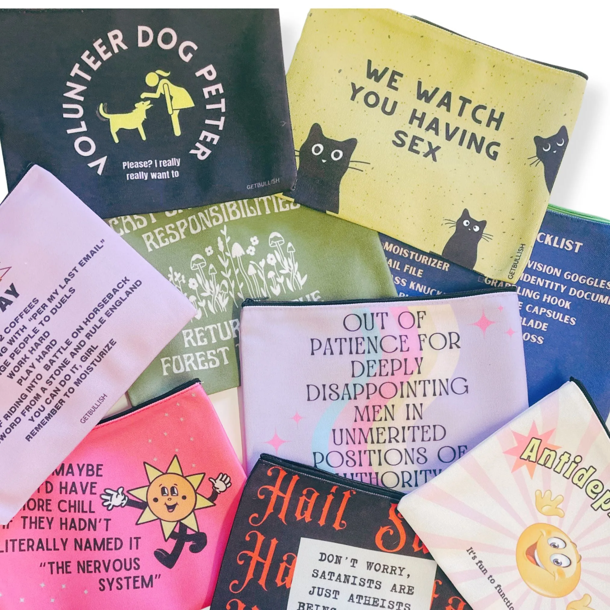 Mega Pack of 12 Canvas Zipper Pouches Feminist   Funny