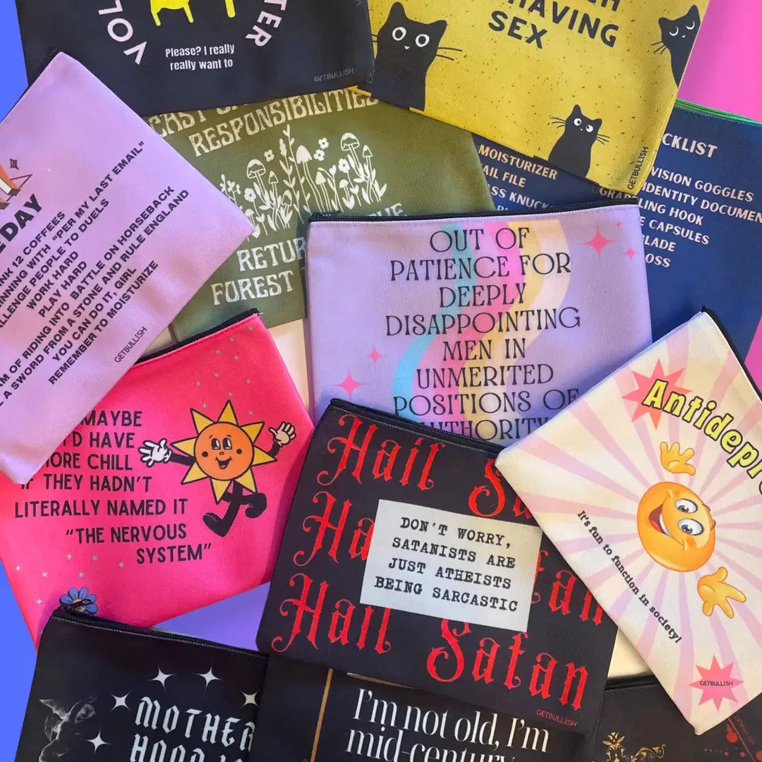Mega Pack of 12 Canvas Zipper Pouches Feminist   Funny