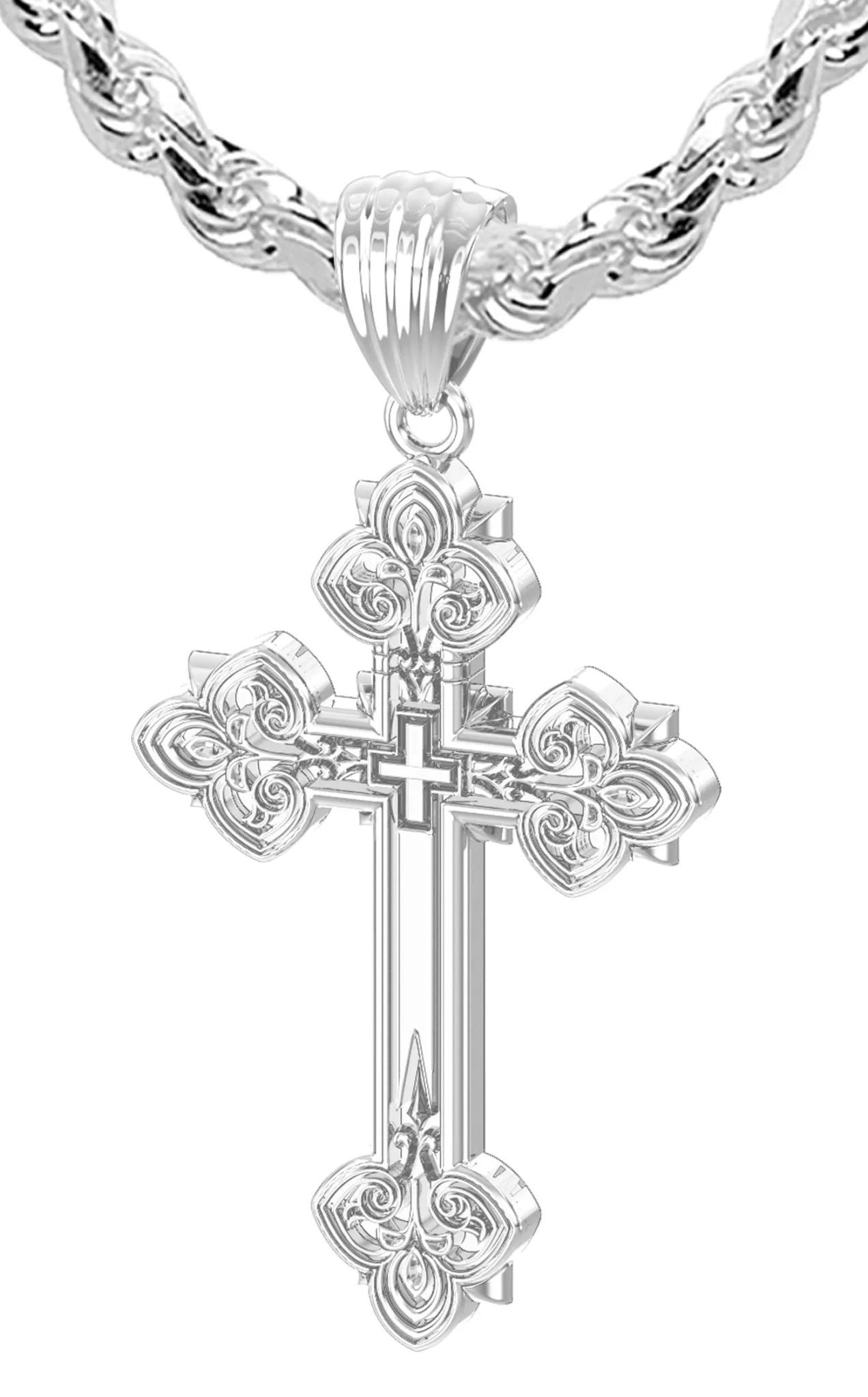 Men's 925 Sterling Silver High Polished Fleur-De-Lis Cross Pendant Necklace, 37mm