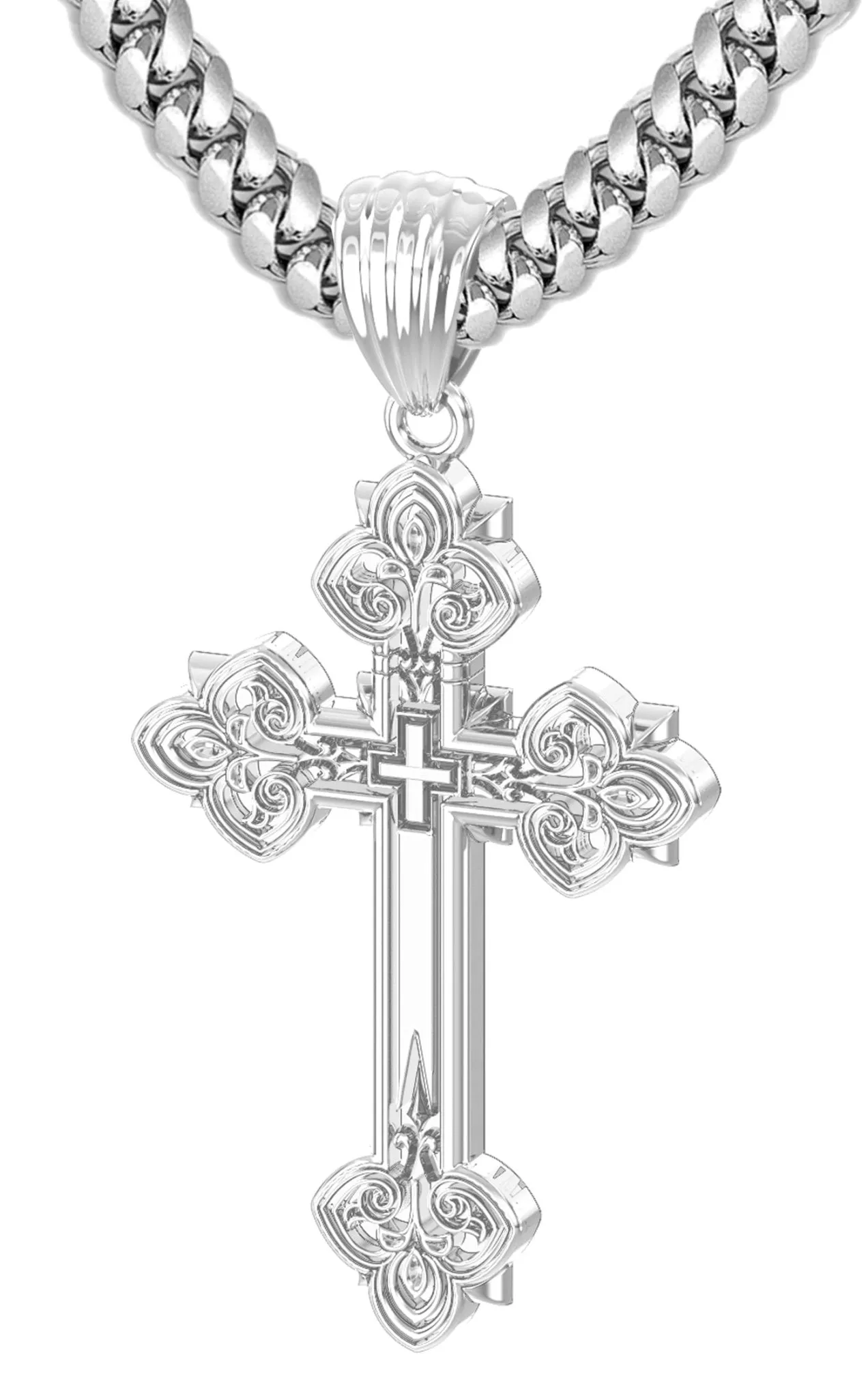 Men's 925 Sterling Silver High Polished Fleur-De-Lis Cross Pendant Necklace, 37mm