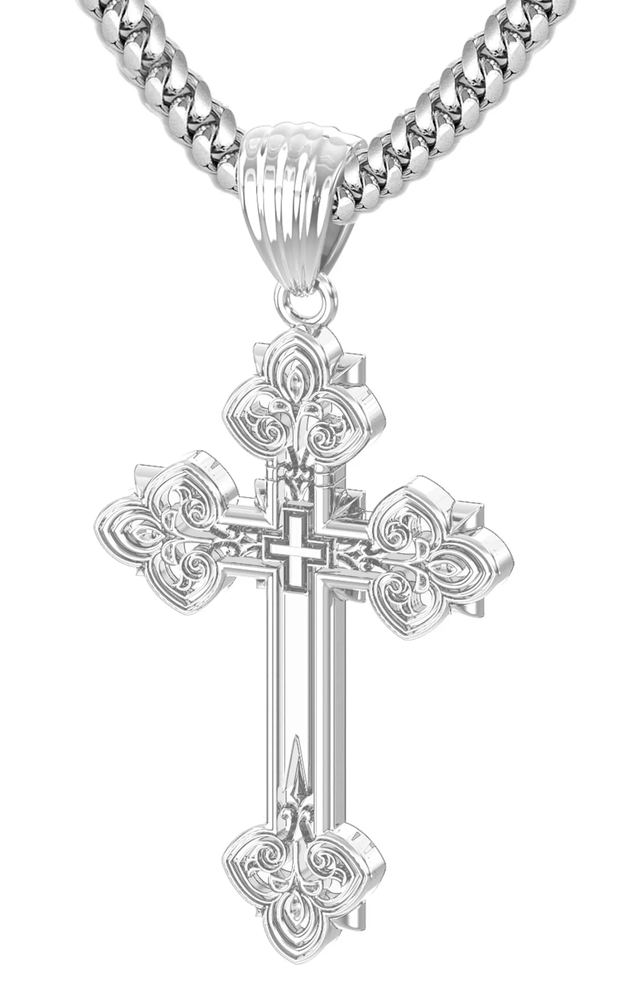 Men's 925 Sterling Silver High Polished Fleur-De-Lis Cross Pendant Necklace, 37mm