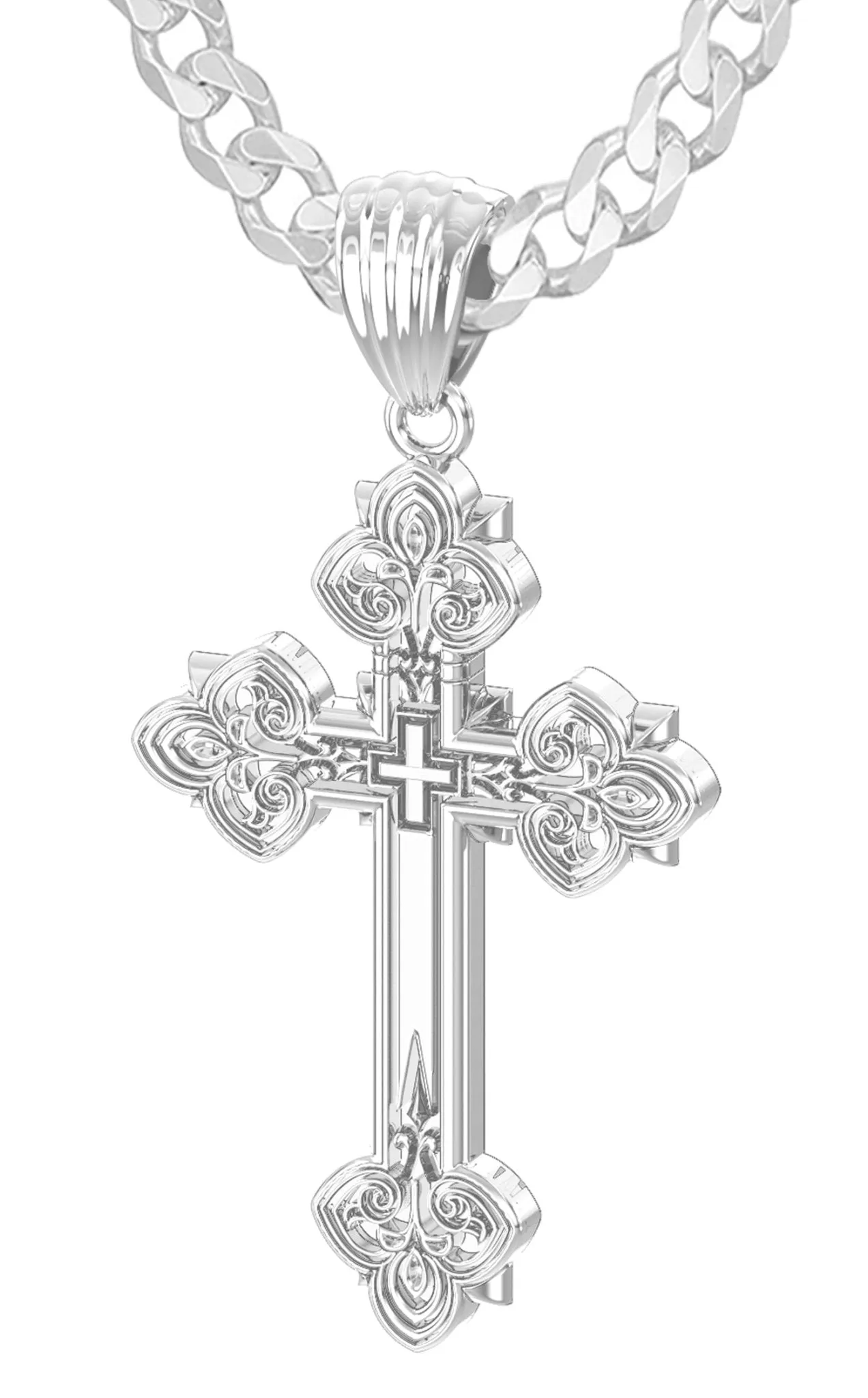 Men's 925 Sterling Silver High Polished Fleur-De-Lis Cross Pendant Necklace, 37mm