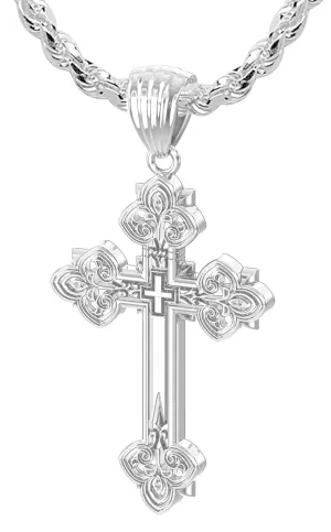 Men's 925 Sterling Silver High Polished Fleur-De-Lis Cross Pendant Necklace, 37mm