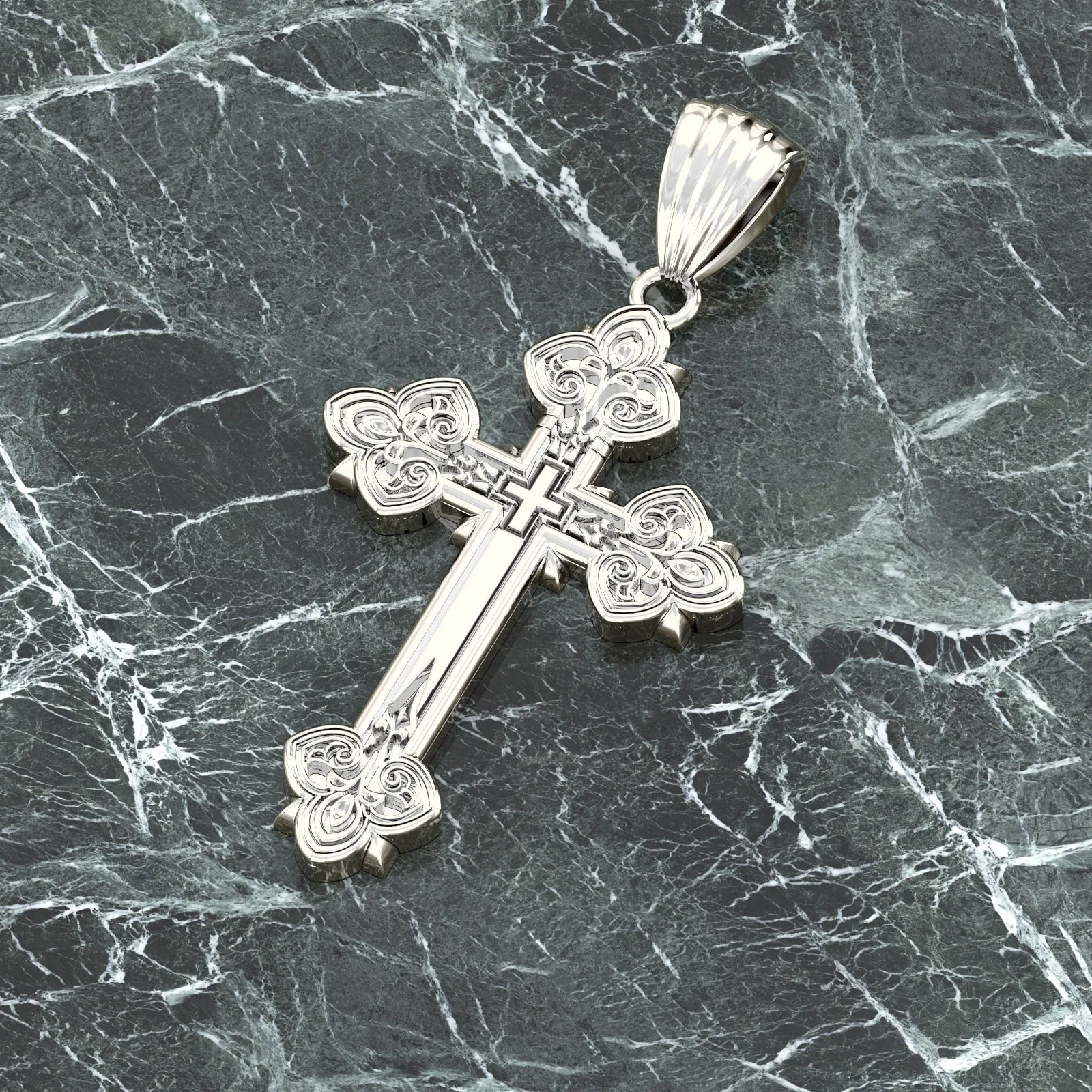 Men's 925 Sterling Silver High Polished Fleur-De-Lis Cross Pendant Necklace, 37mm