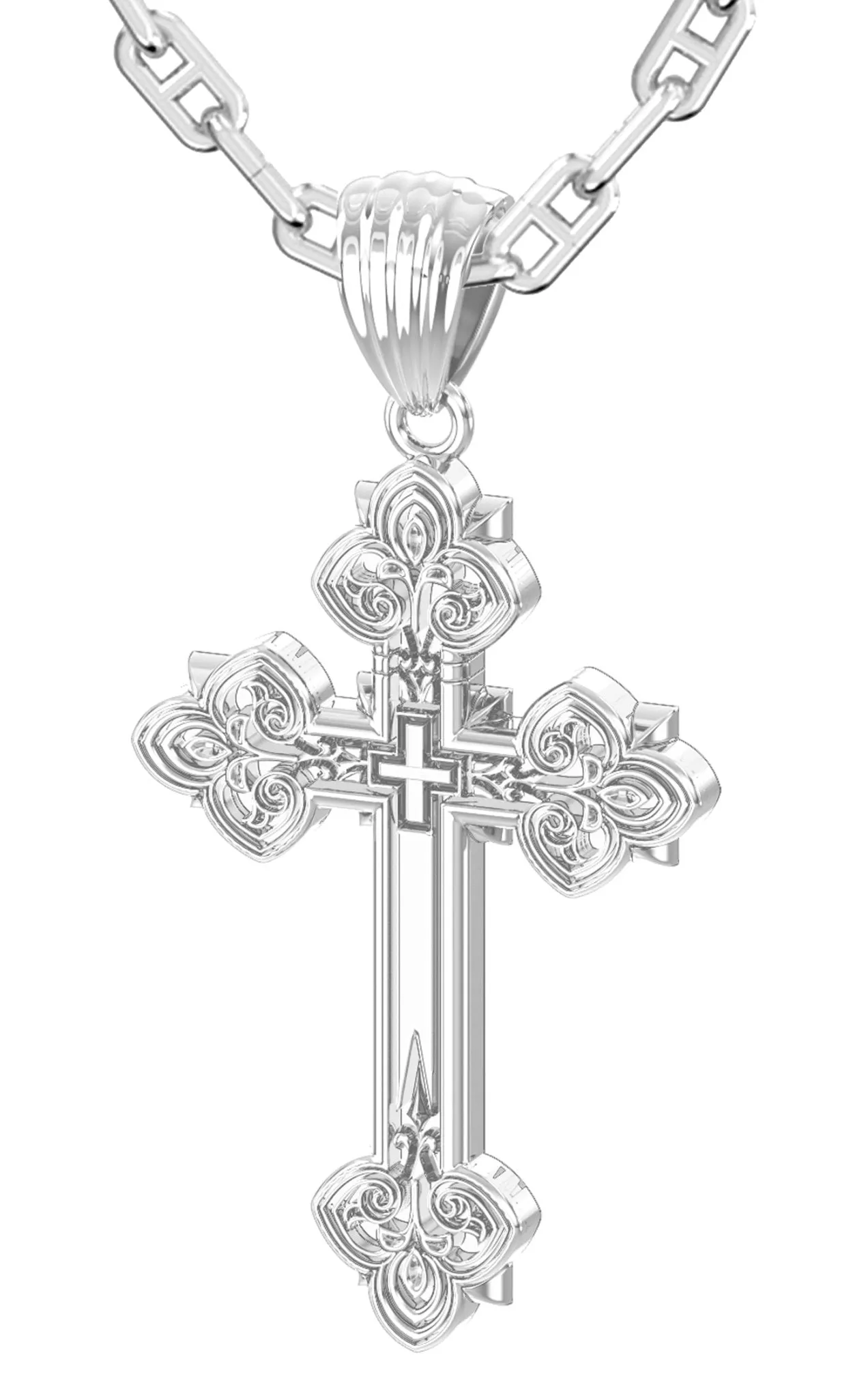 Men's 925 Sterling Silver High Polished Fleur-De-Lis Cross Pendant Necklace, 37mm