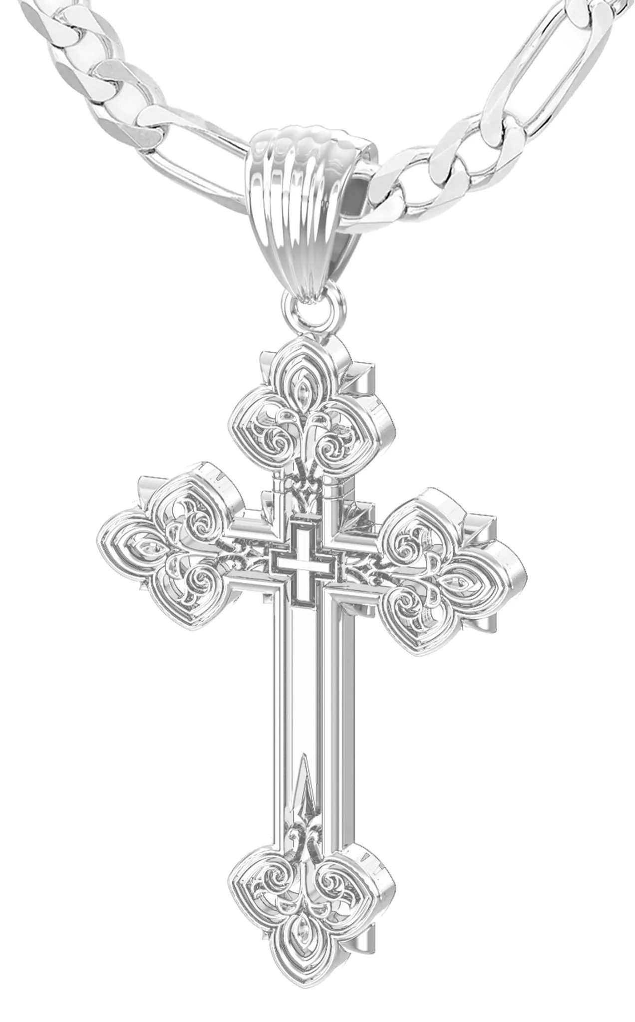 Men's 925 Sterling Silver High Polished Fleur-De-Lis Cross Pendant Necklace, 37mm