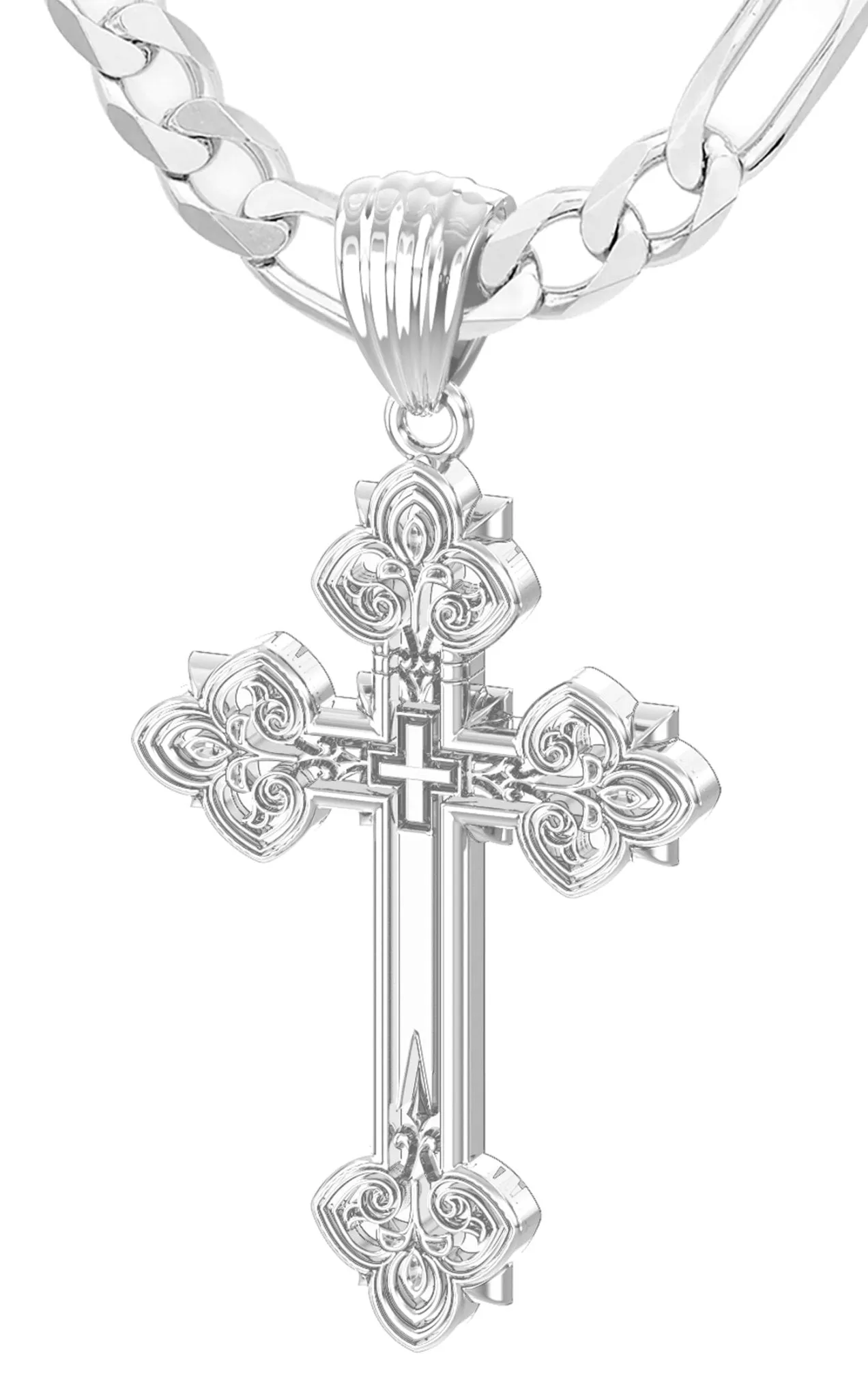 Men's 925 Sterling Silver High Polished Fleur-De-Lis Cross Pendant Necklace, 37mm